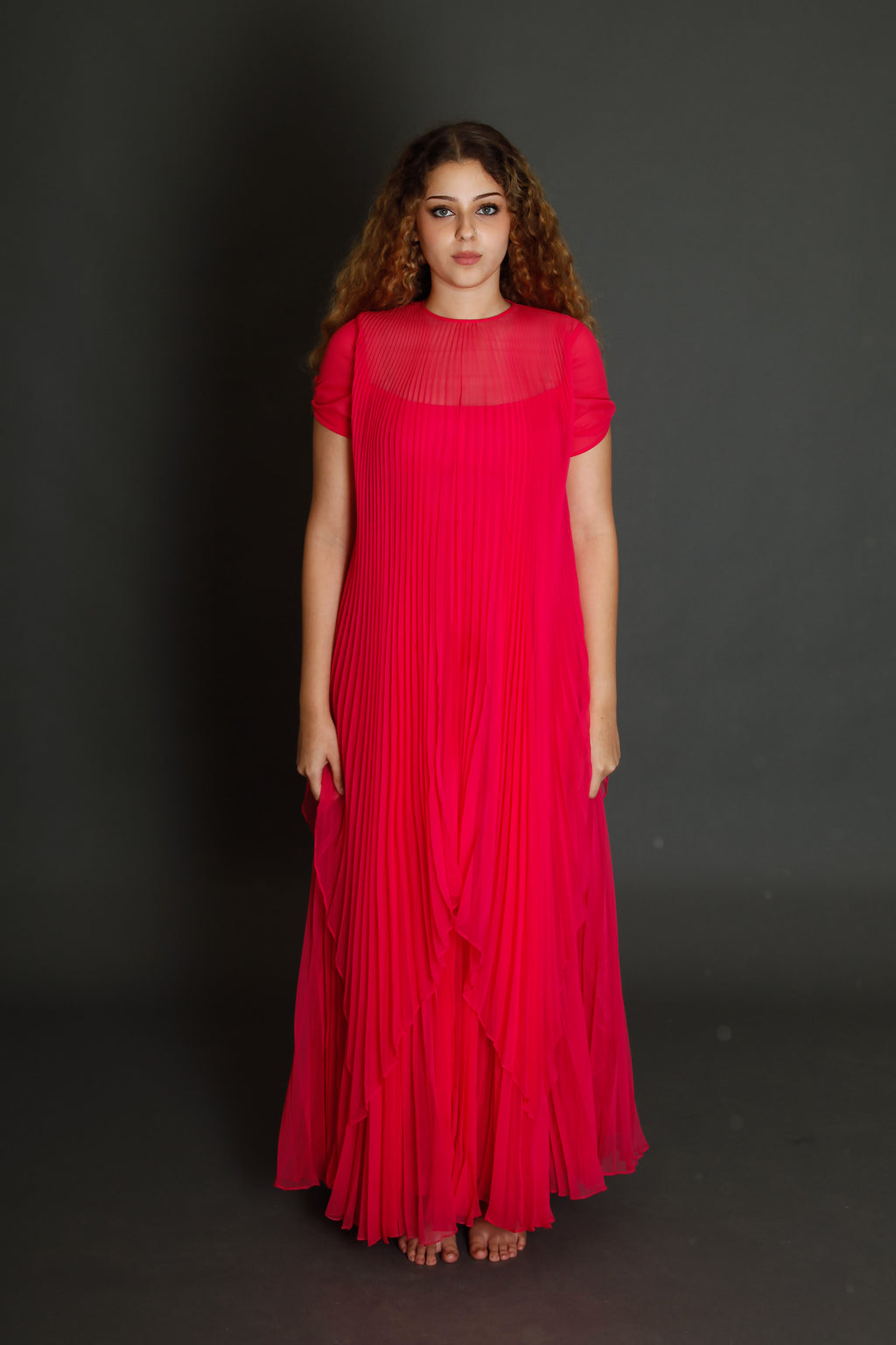 70s Neon Pink Pleated Gown