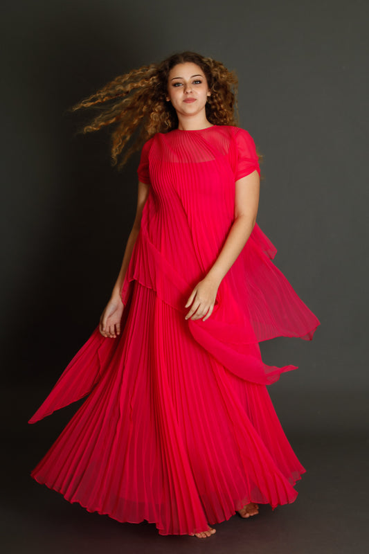 70s Neon Pink Pleated Gown