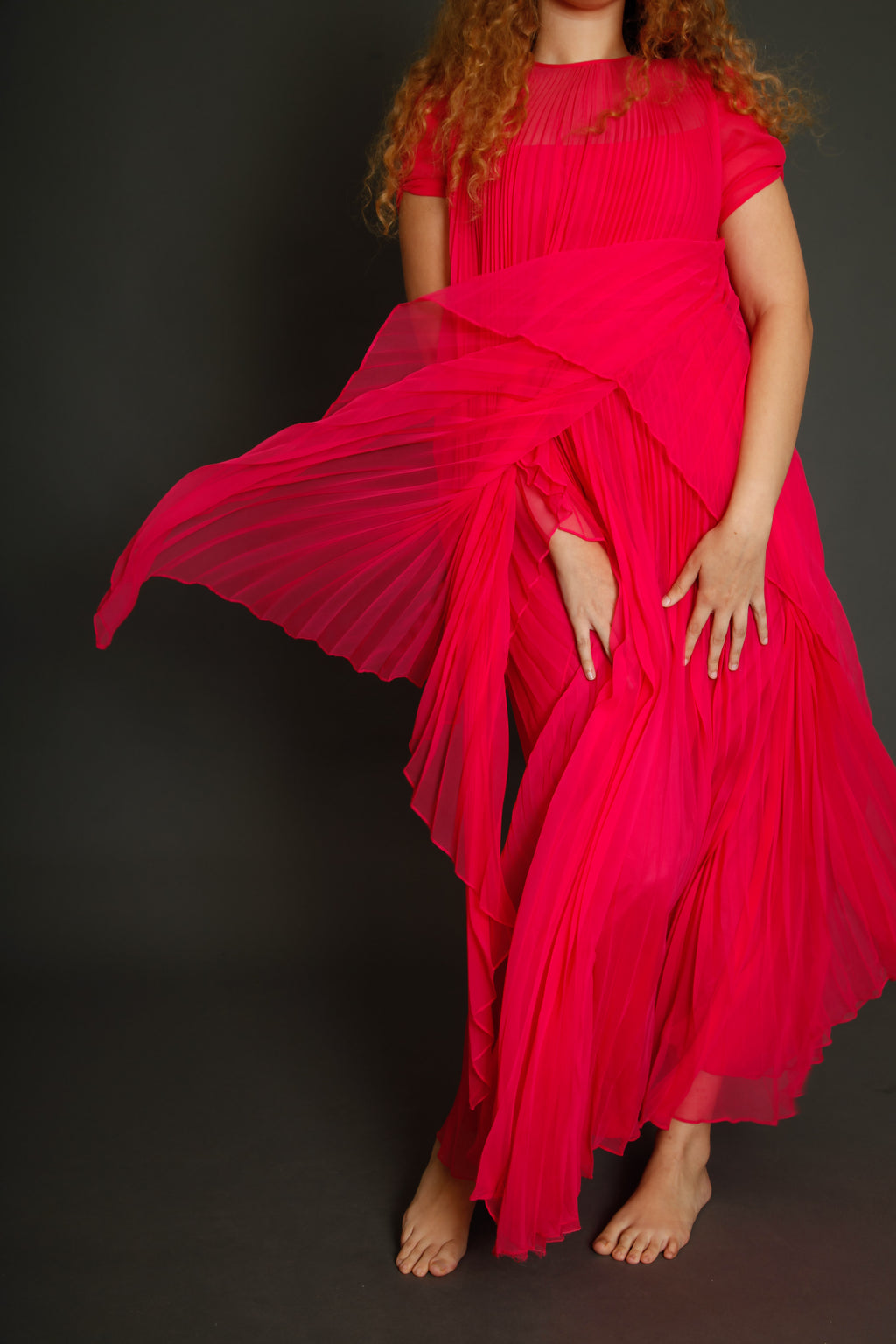 70s Neon Pink Pleated Gown