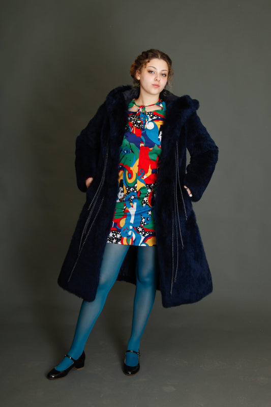 70s Blue Hooded Shearling Fur