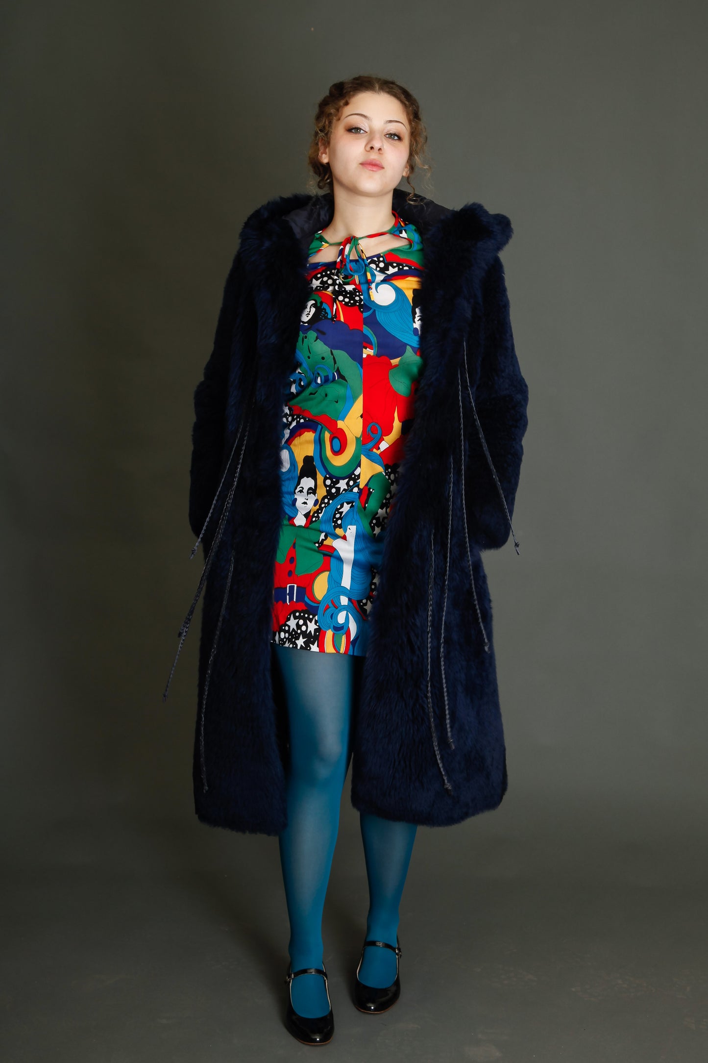 70s Blue Hooded Shearling Fur