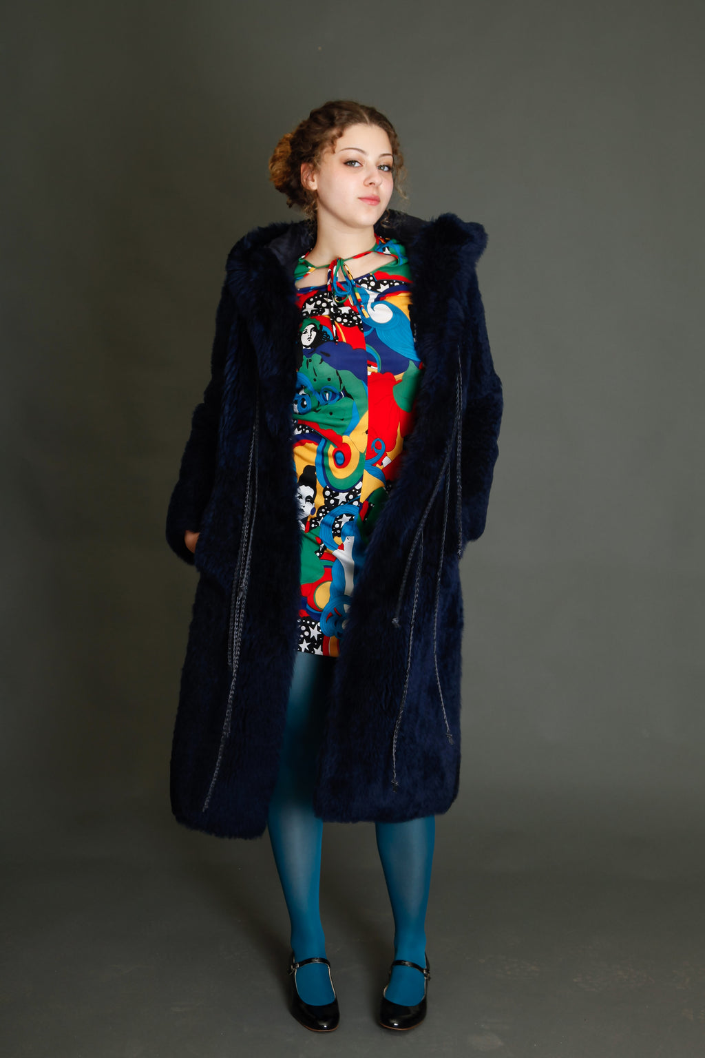 70s Blue Hooded Shearling Fur