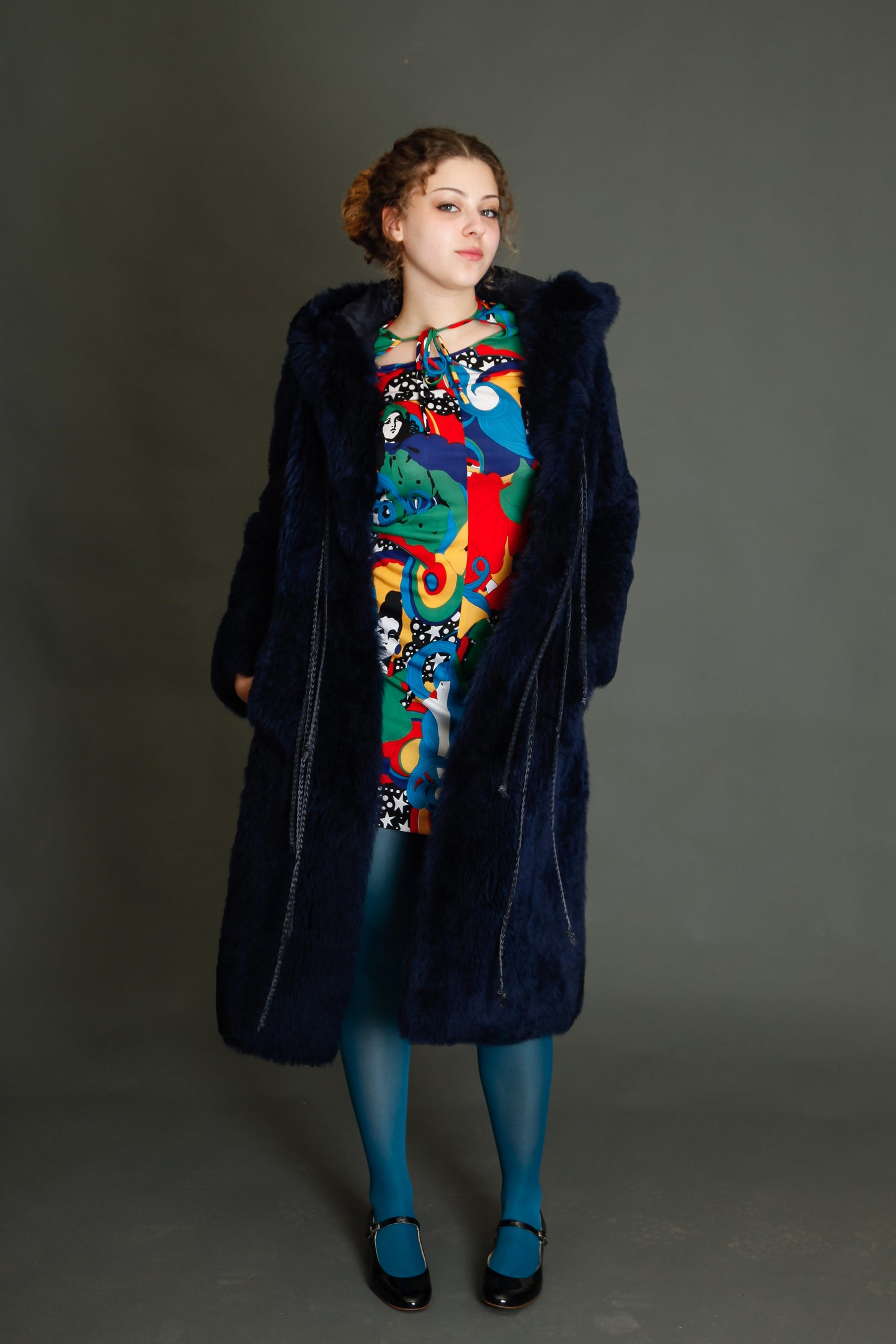 70s Blue Hooded Shearling Fur