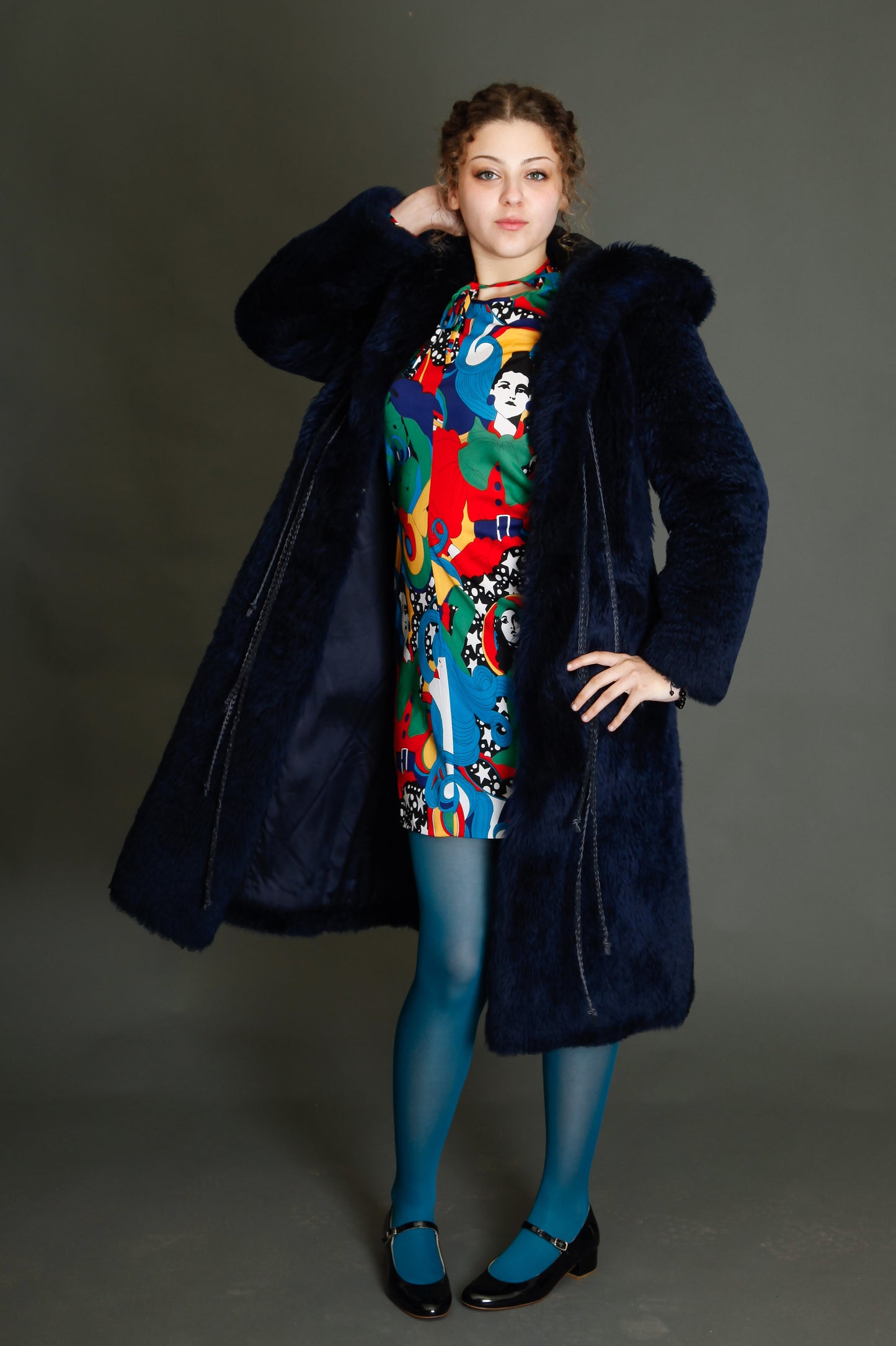 70s Blue Hooded Shearling Fur
