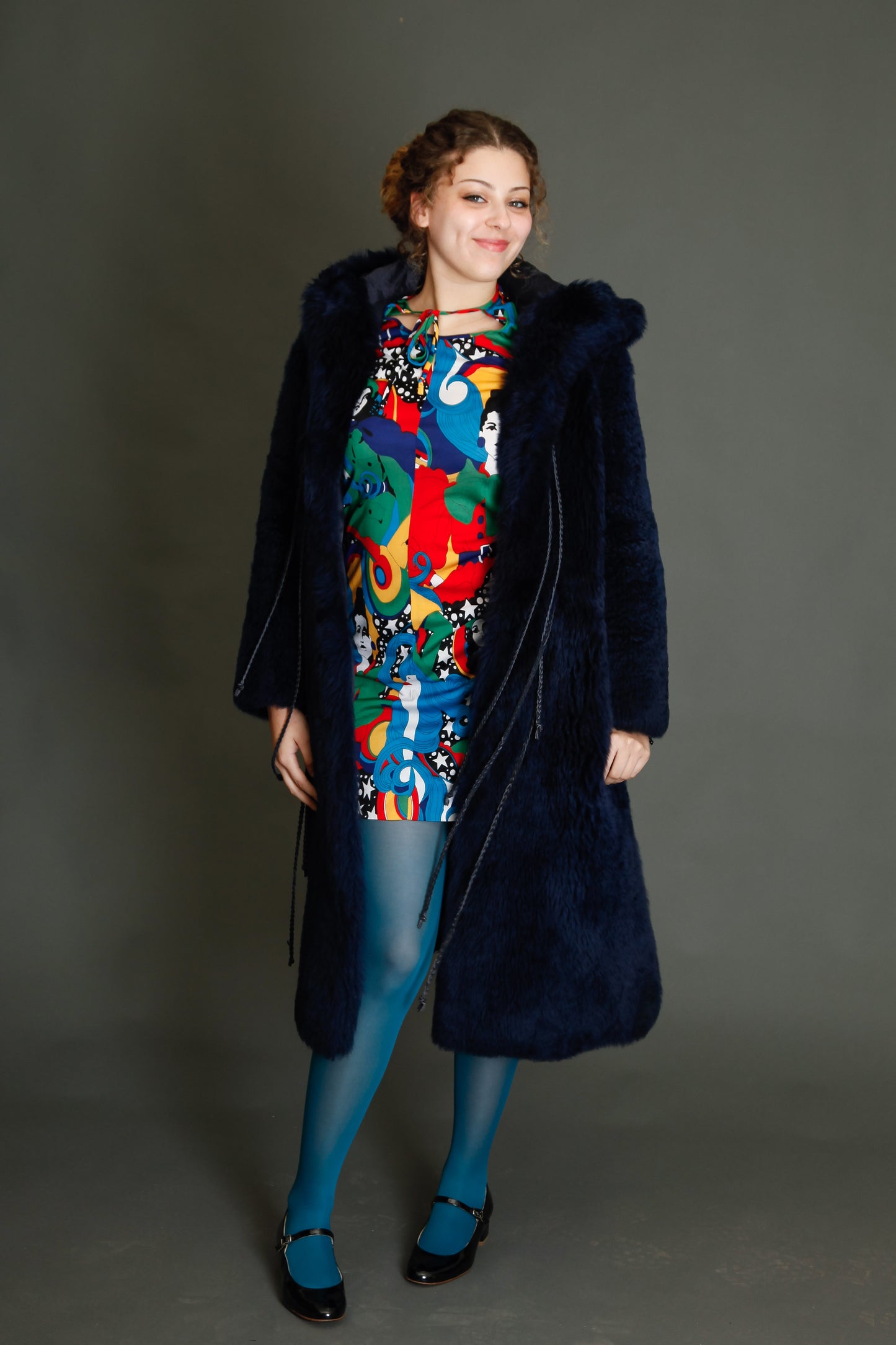 70s Blue Hooded Shearling Fur