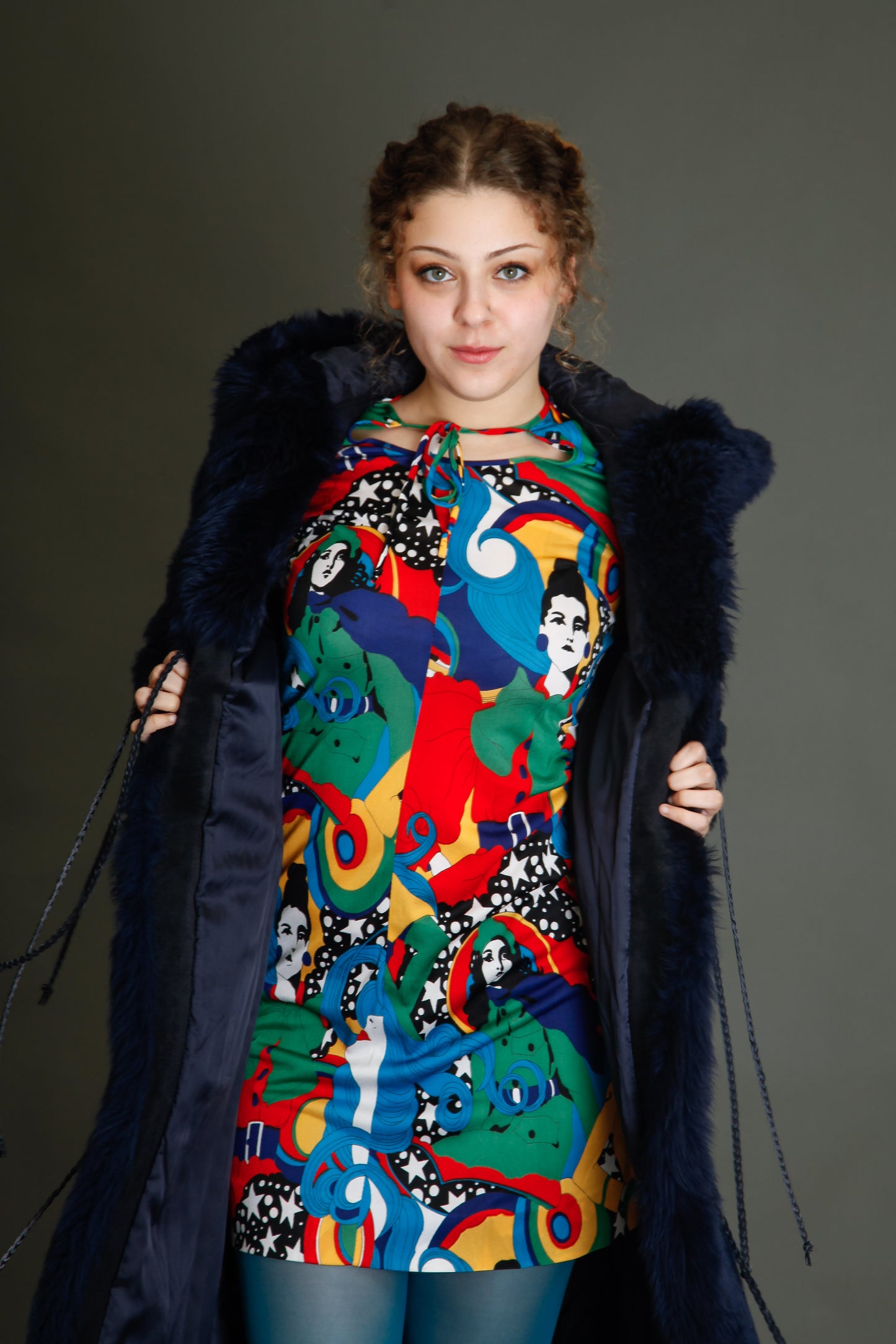 70s Blue Hooded Shearling Fur