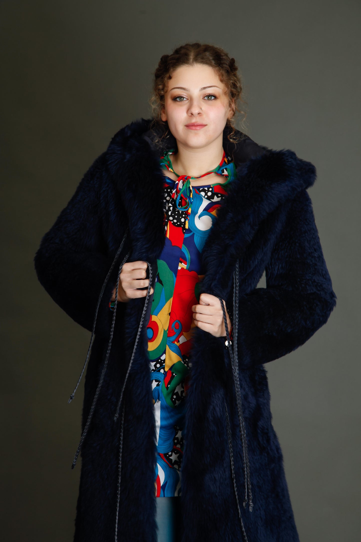 70s Blue Hooded Shearling Fur