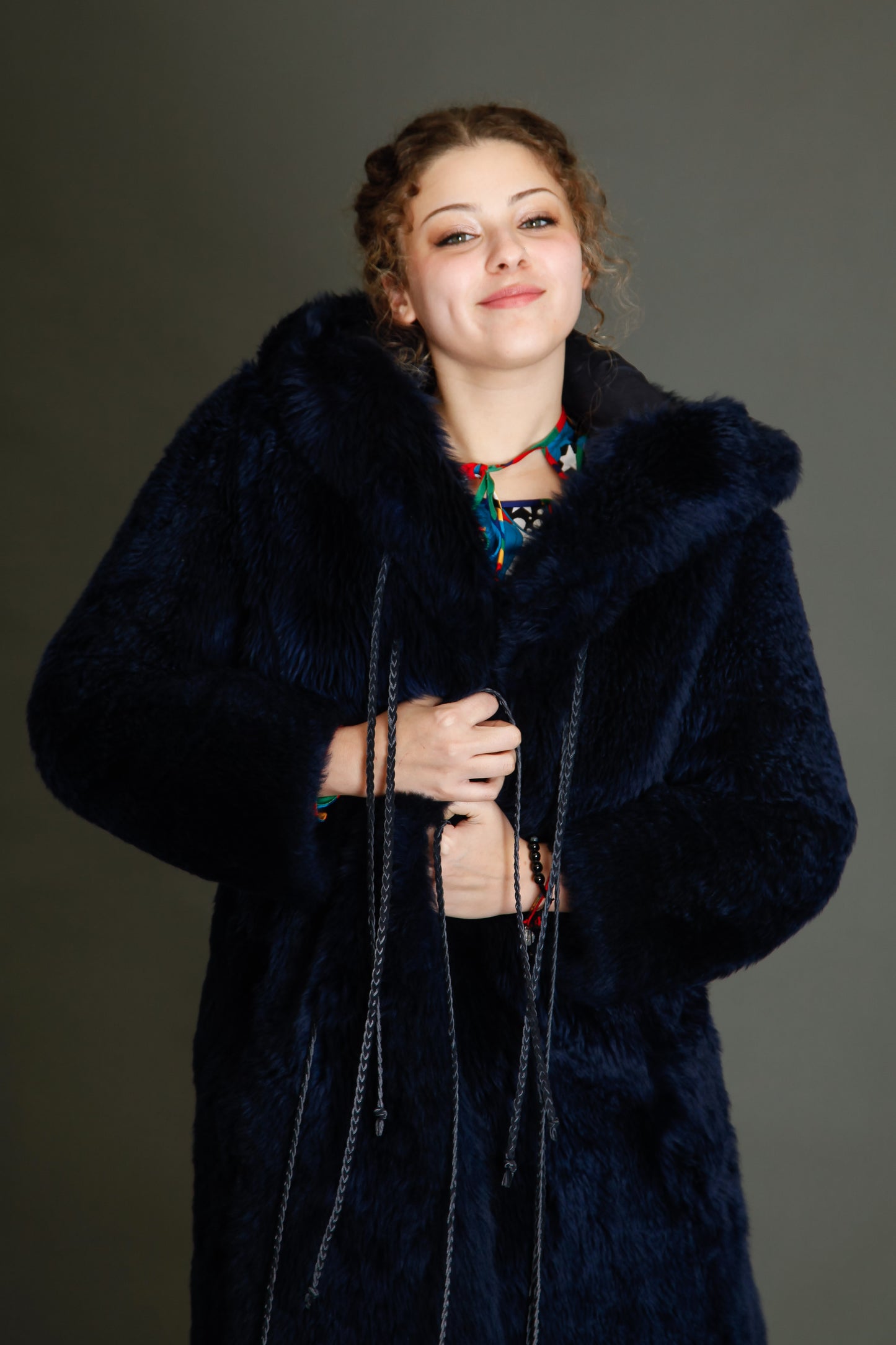 70s Blue Hooded Shearling Fur