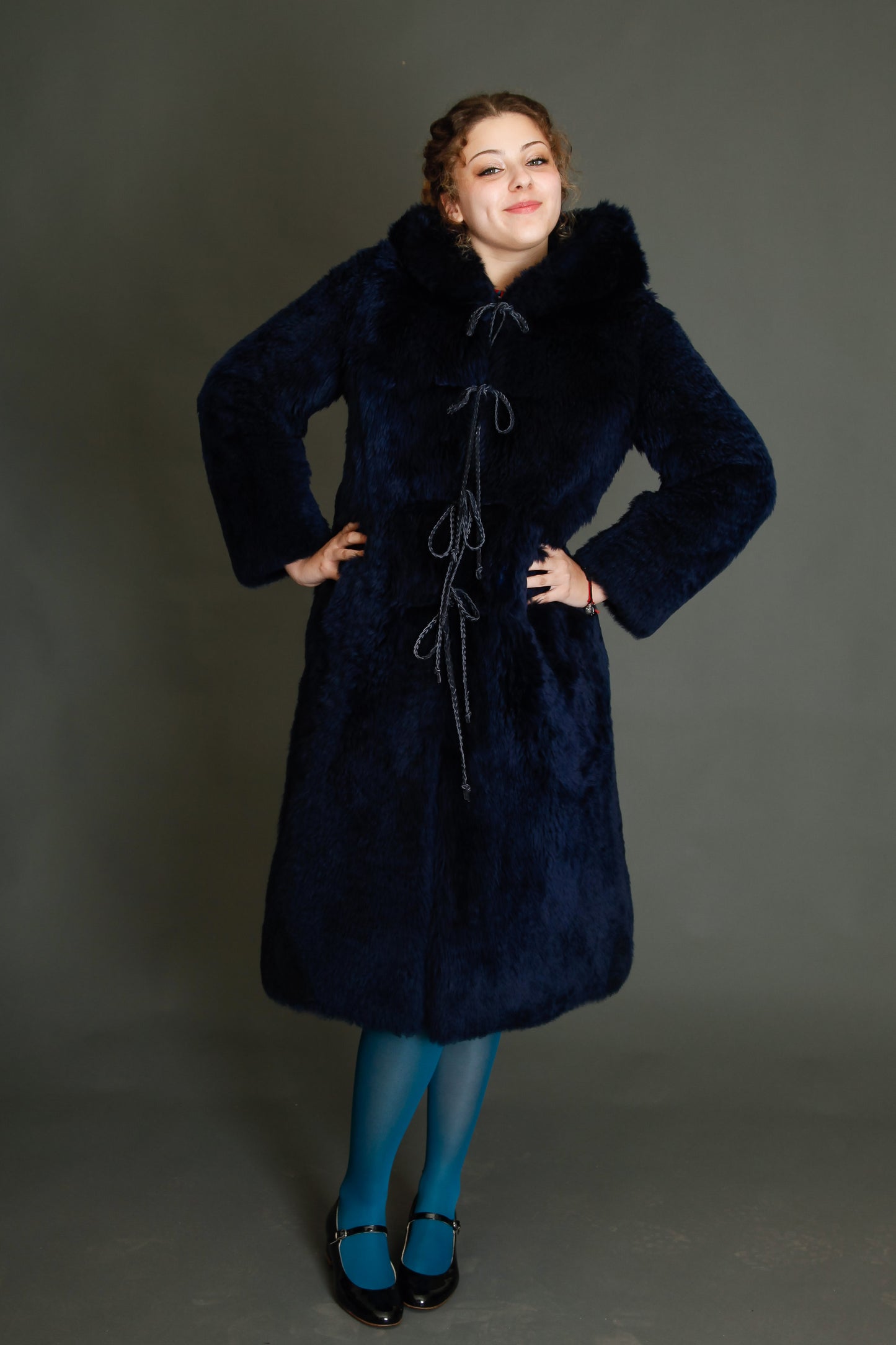 70s Blue Hooded Shearling Fur