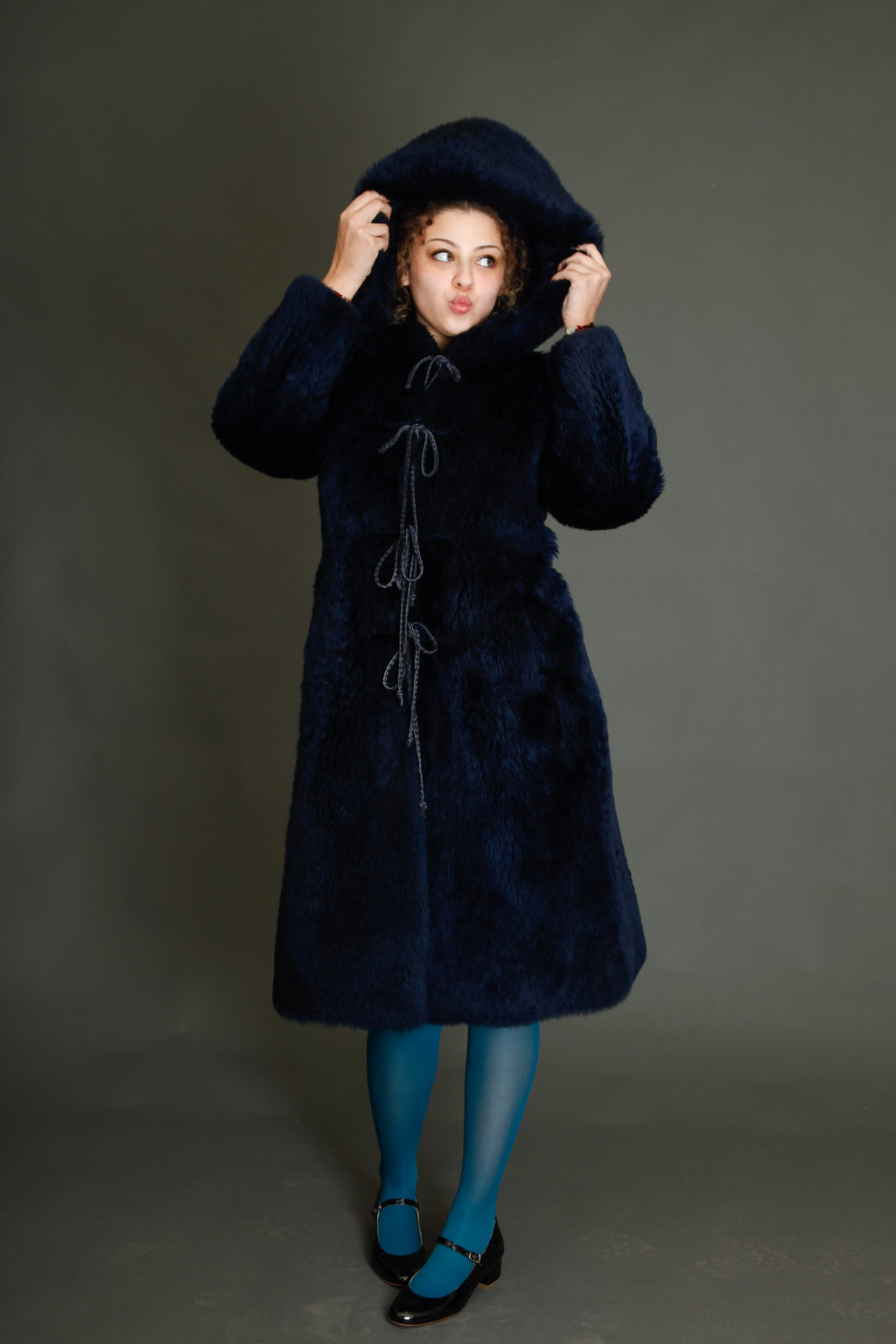 70s Blue Hooded Shearling Fur