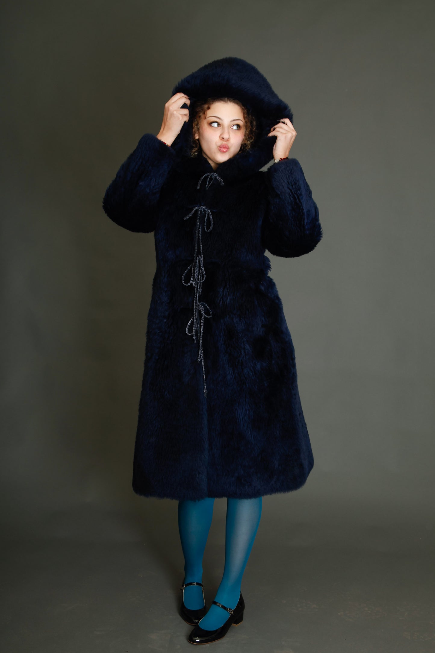 70s Blue Hooded Shearling Fur