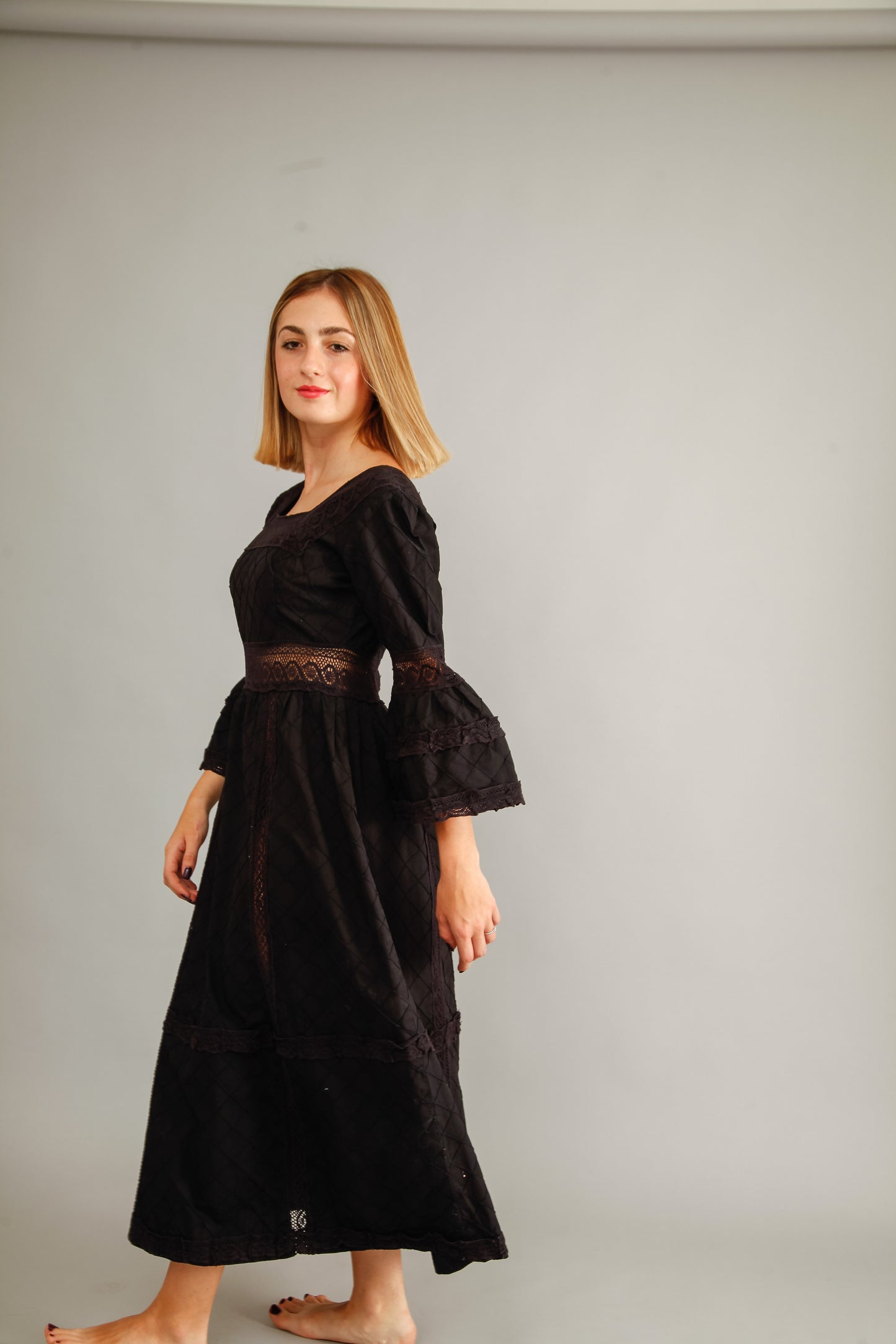 70s Mexican Black Cotton Dress
