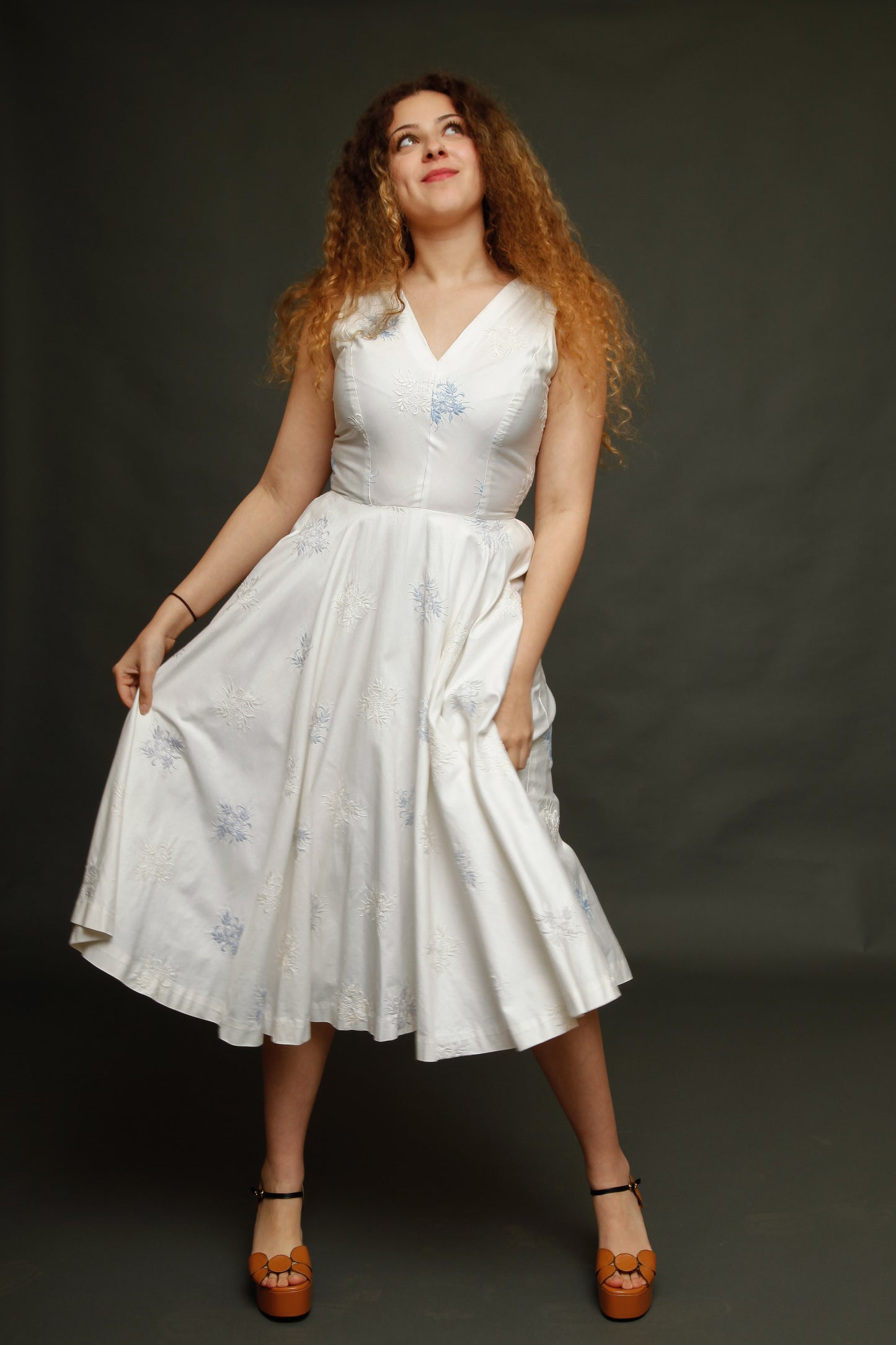 1950 Cotton Satin Embroidered Dress