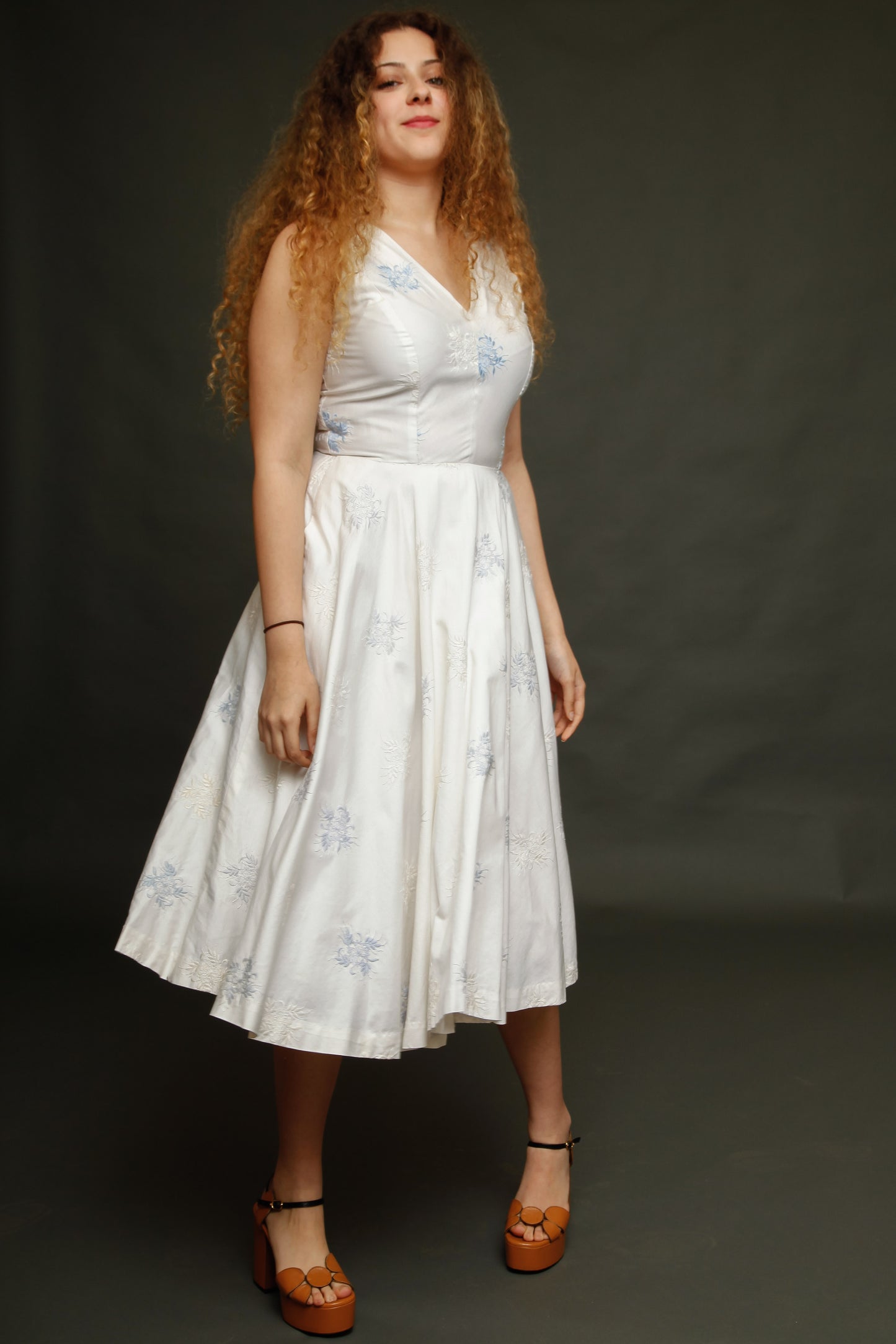 1950 Cotton Satin Embroidered Dress