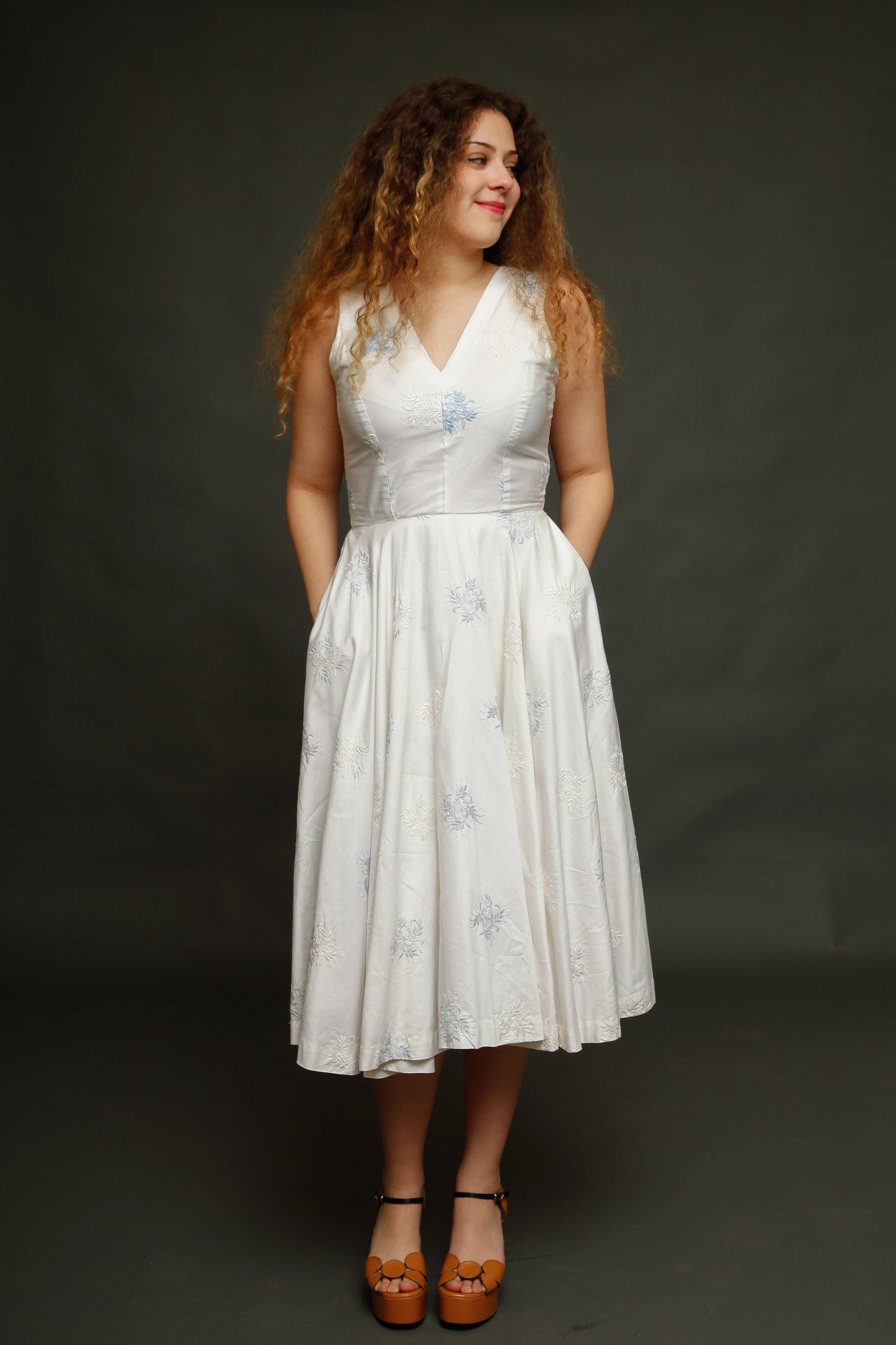 1950 Cotton Satin Embroidered Dress