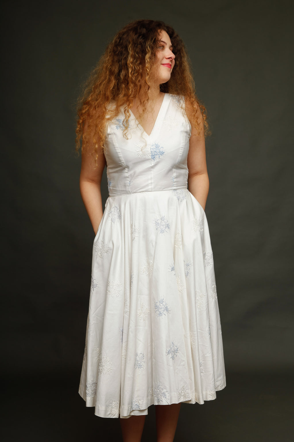 1950 Cotton Satin Embroidered Dress