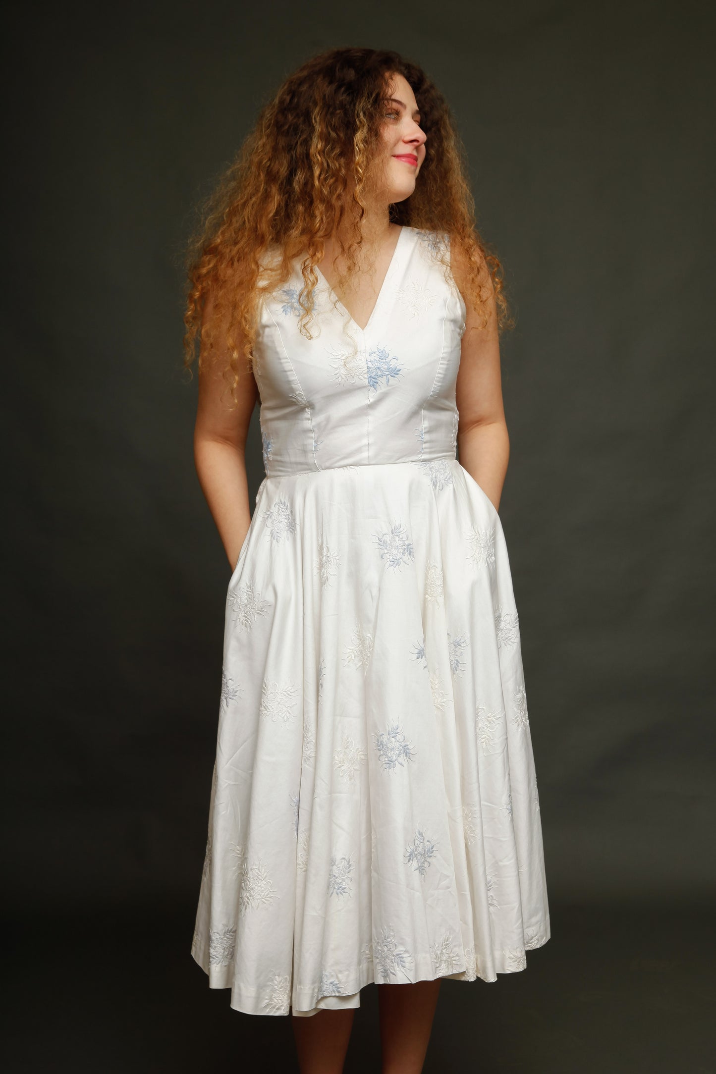 1950 Cotton Satin Embroidered Dress