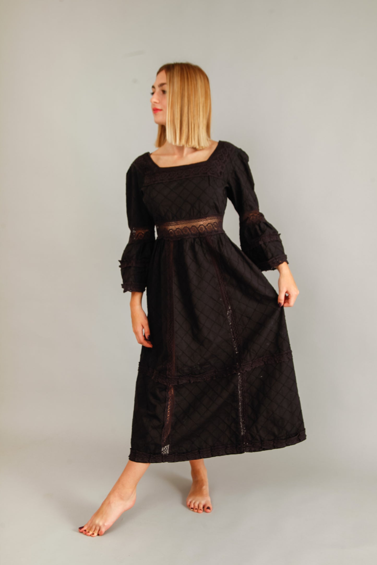 70s Mexican Black Cotton Dress