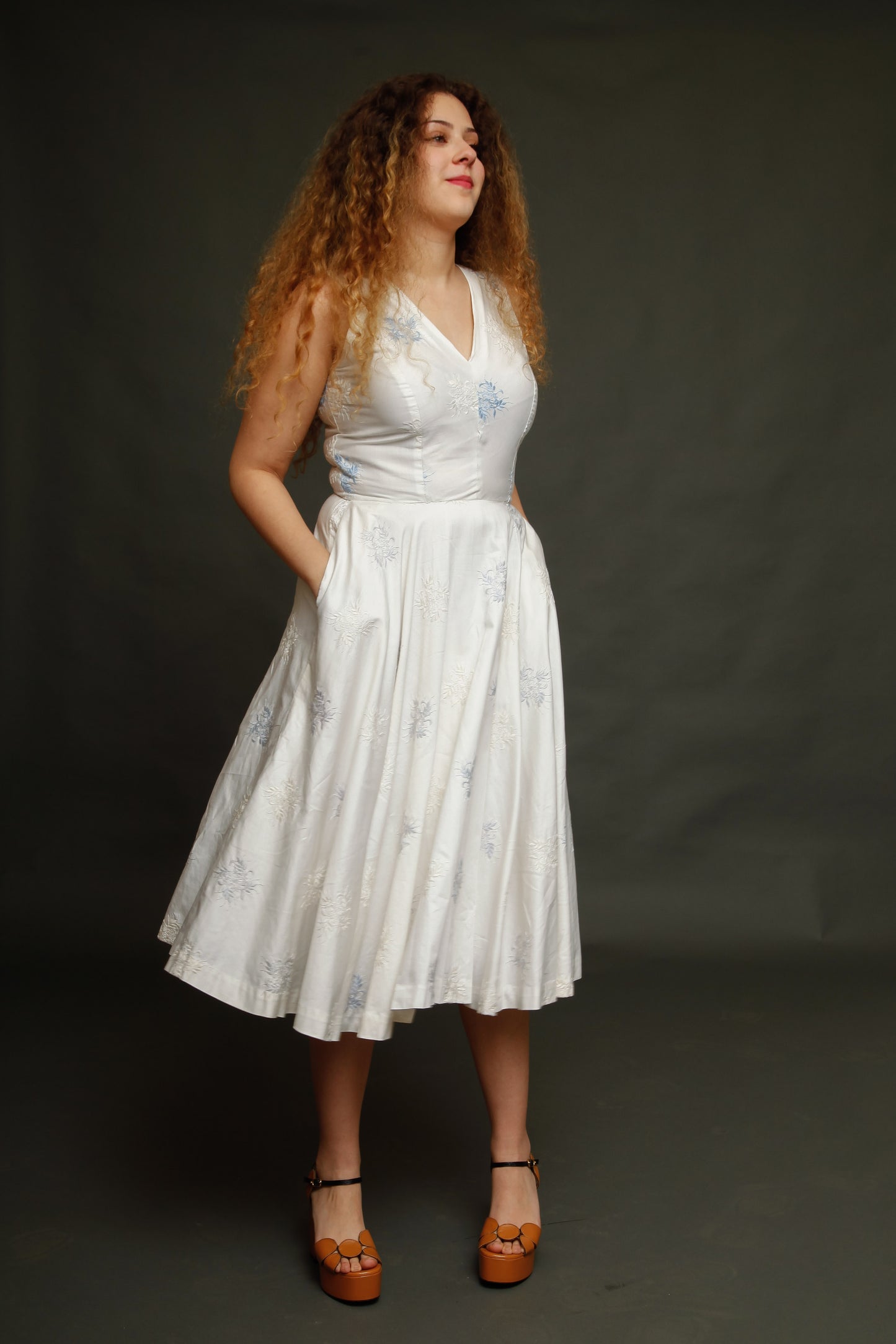 1950 Cotton Satin Embroidered Dress