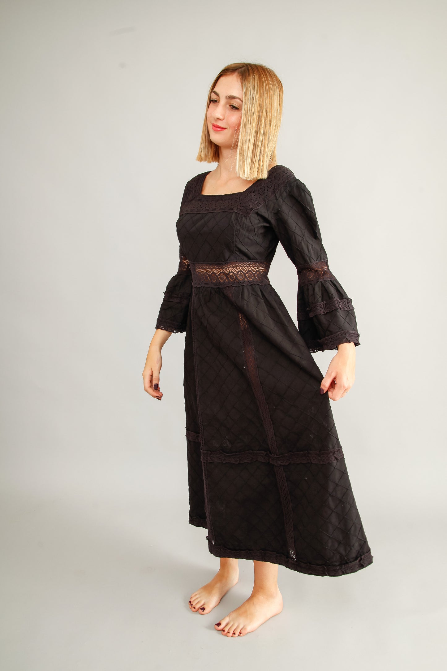 70s Mexican Black Cotton Dress