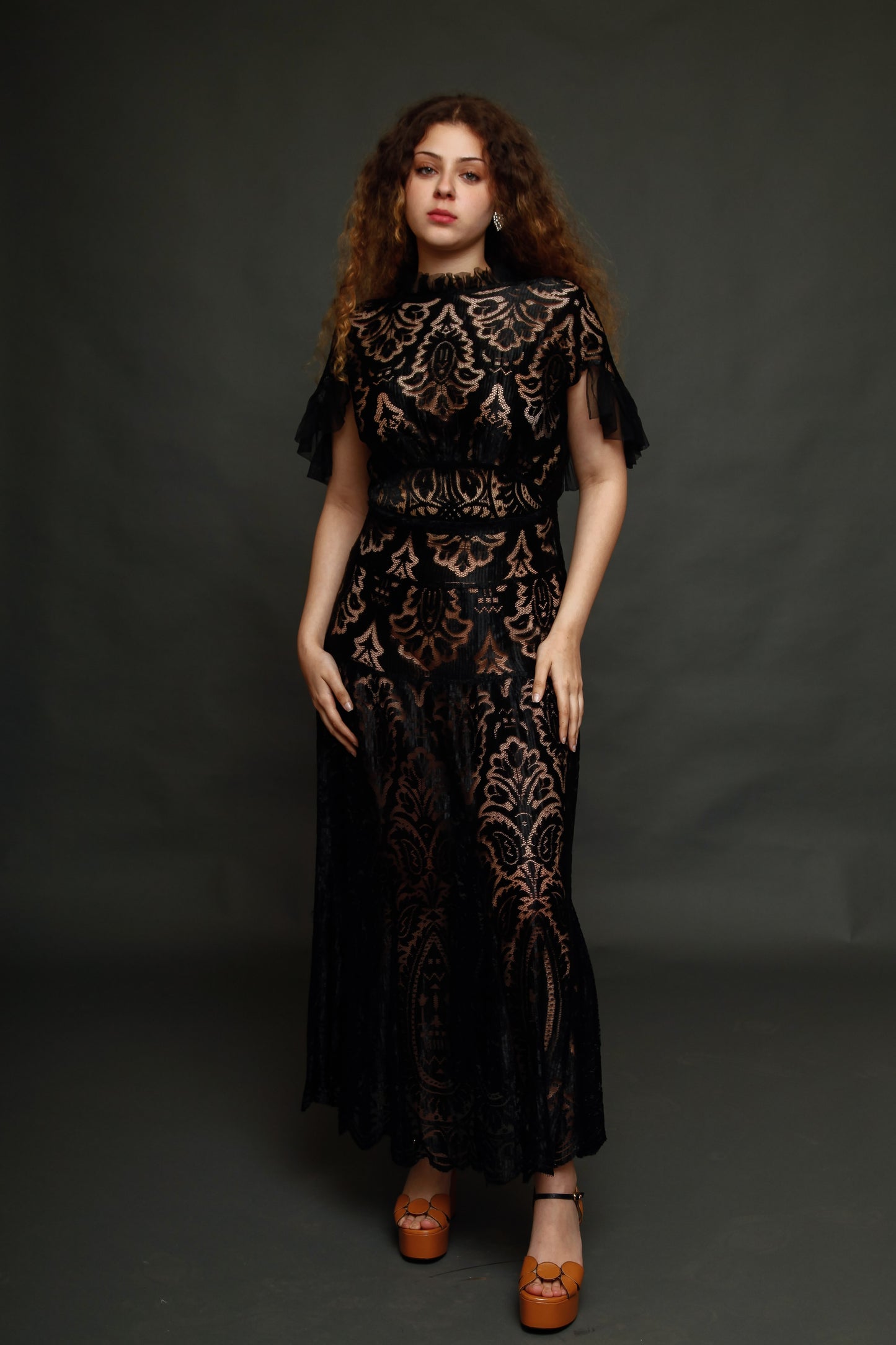 1930 Black Silk  Lace Dress