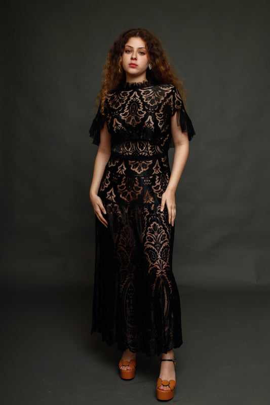 1930 Black Silk  Lace Dress