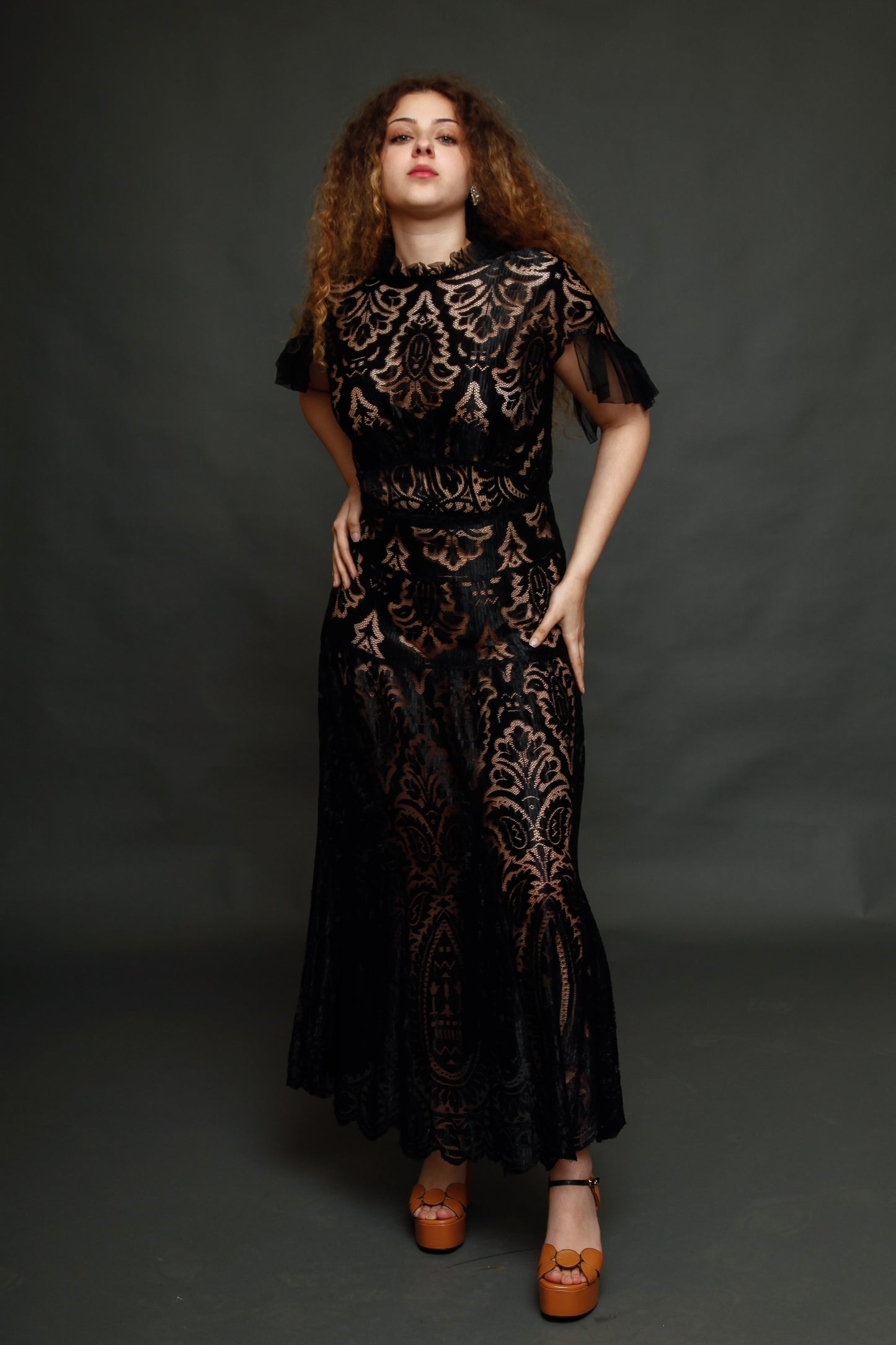1930 Black Silk  Lace Dress