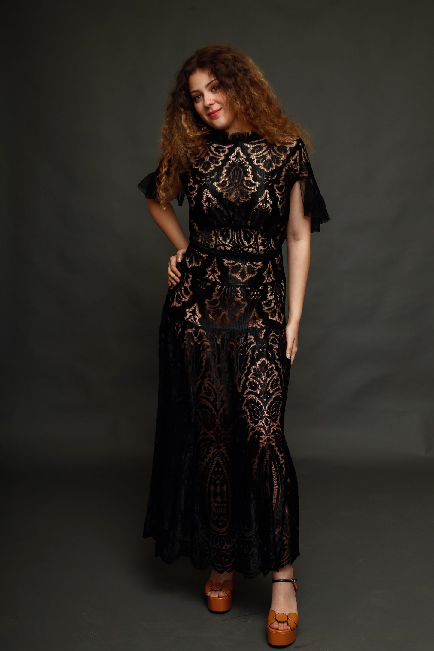 1930 Black Silk  Lace Dress