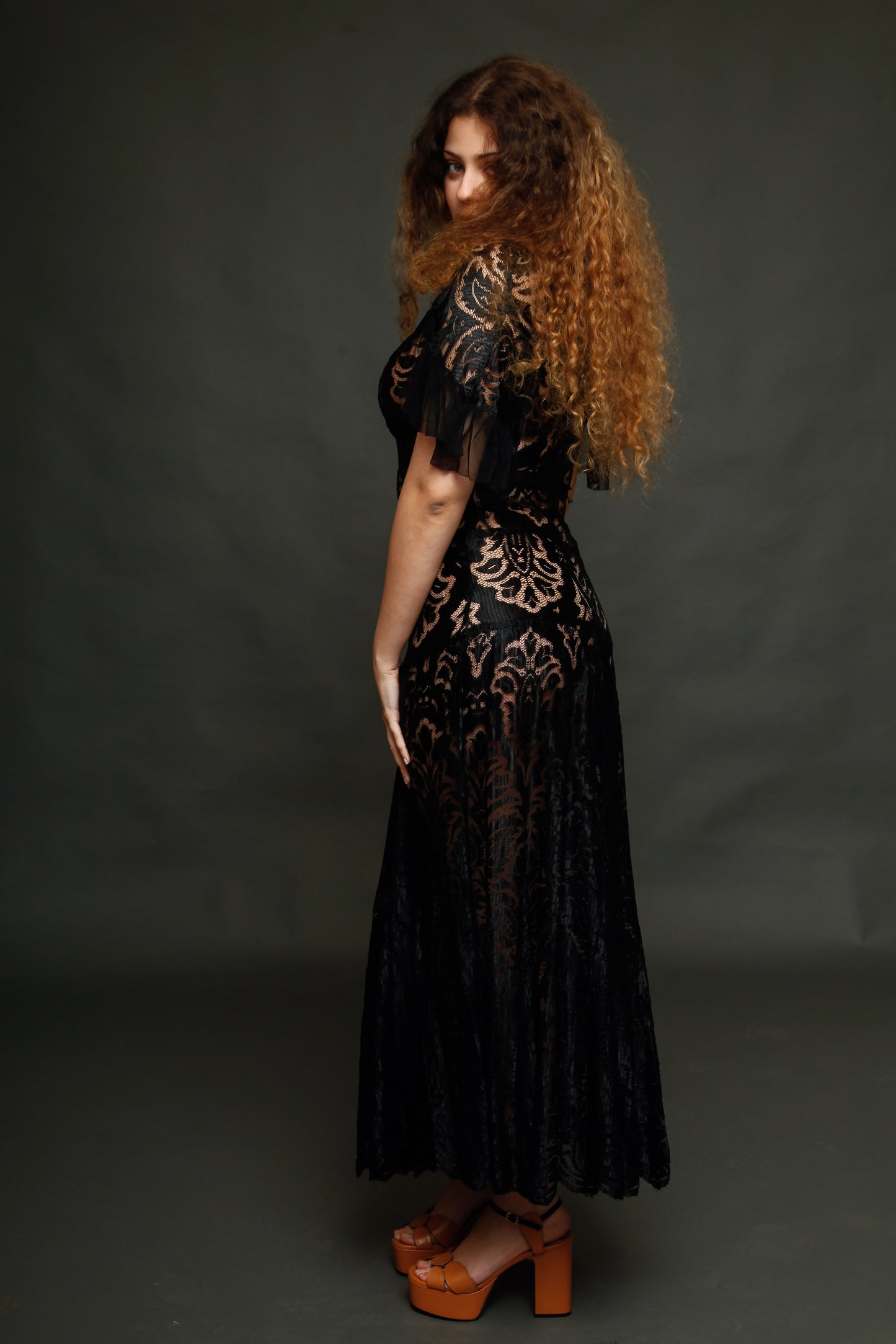 1930 Black Silk  Lace Dress