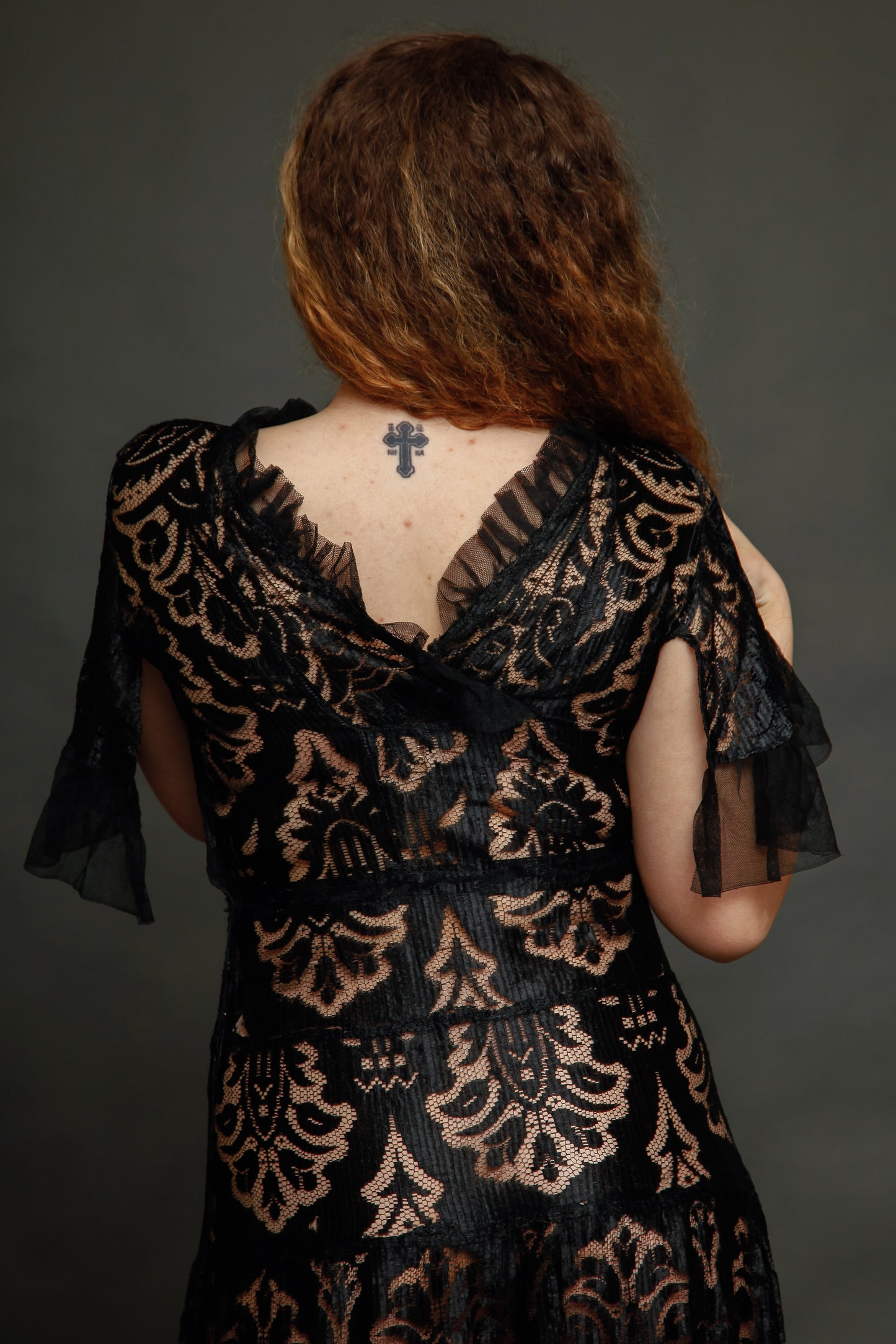 1930 Black Silk  Lace Dress