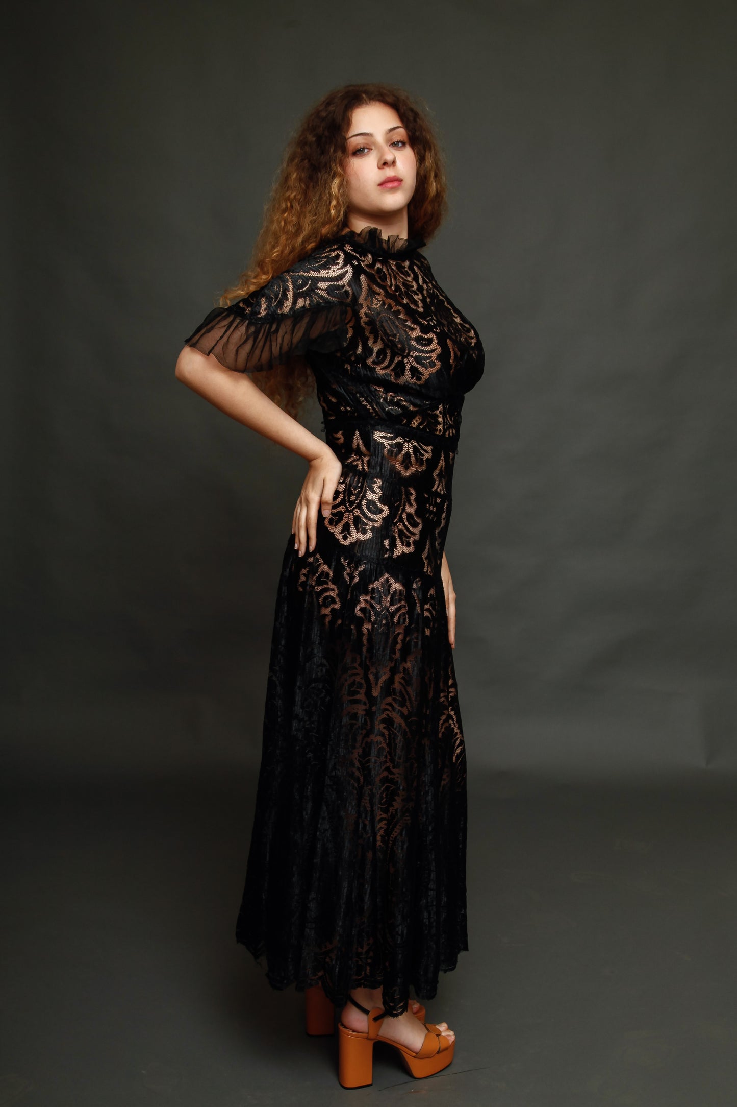 1930 Black Silk  Lace Dress