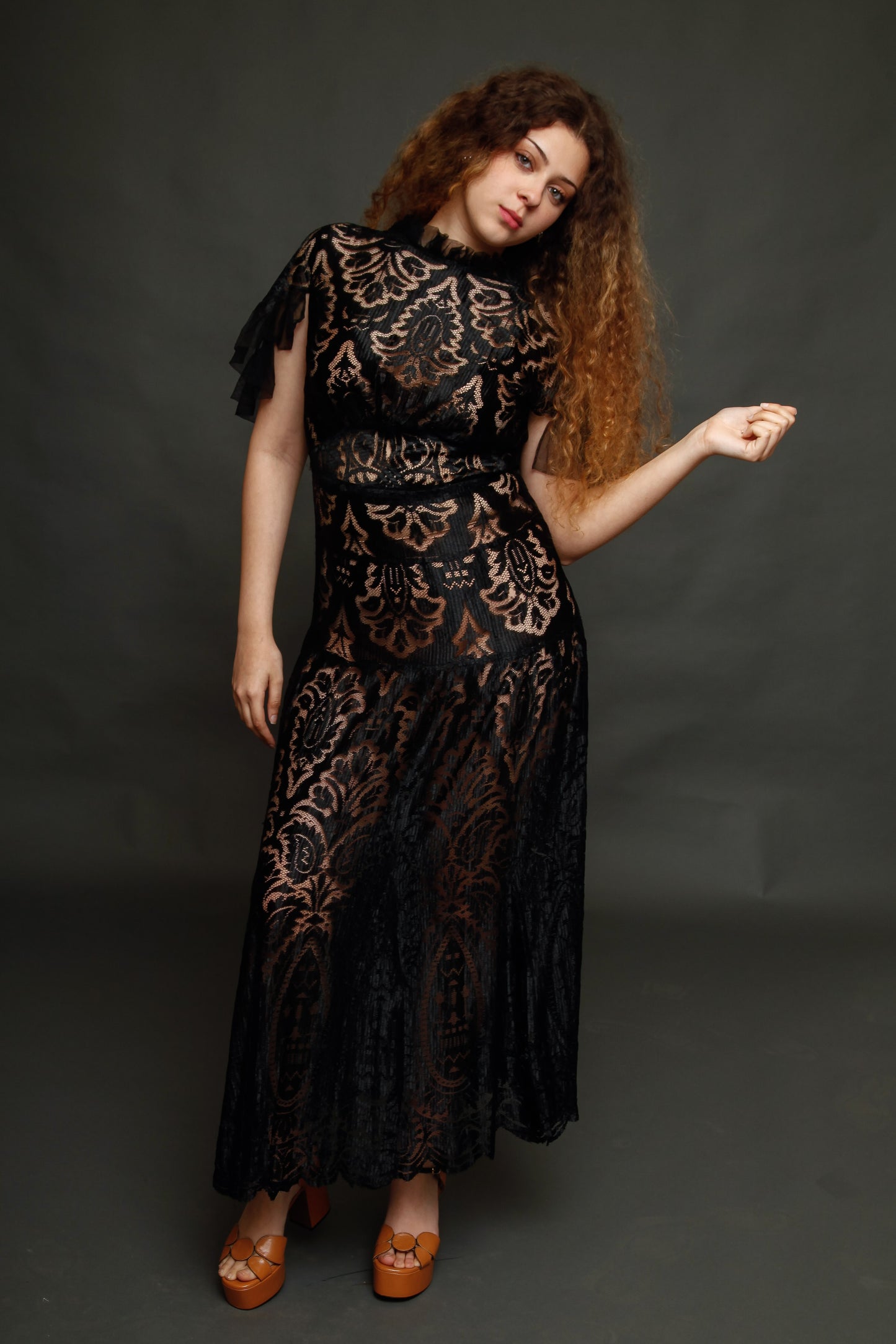 1930 Black Silk  Lace Dress
