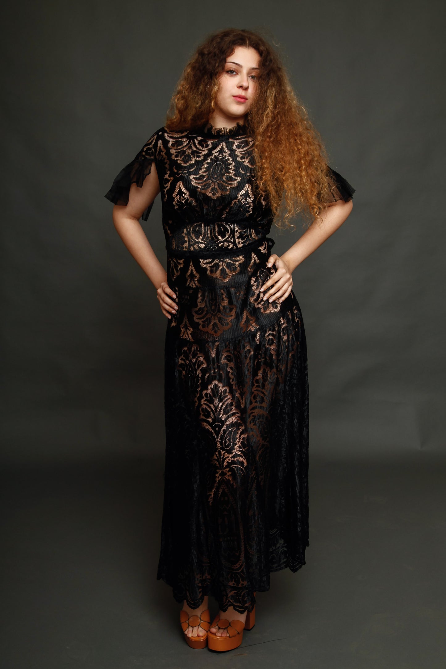 1930 Black Silk  Lace Dress