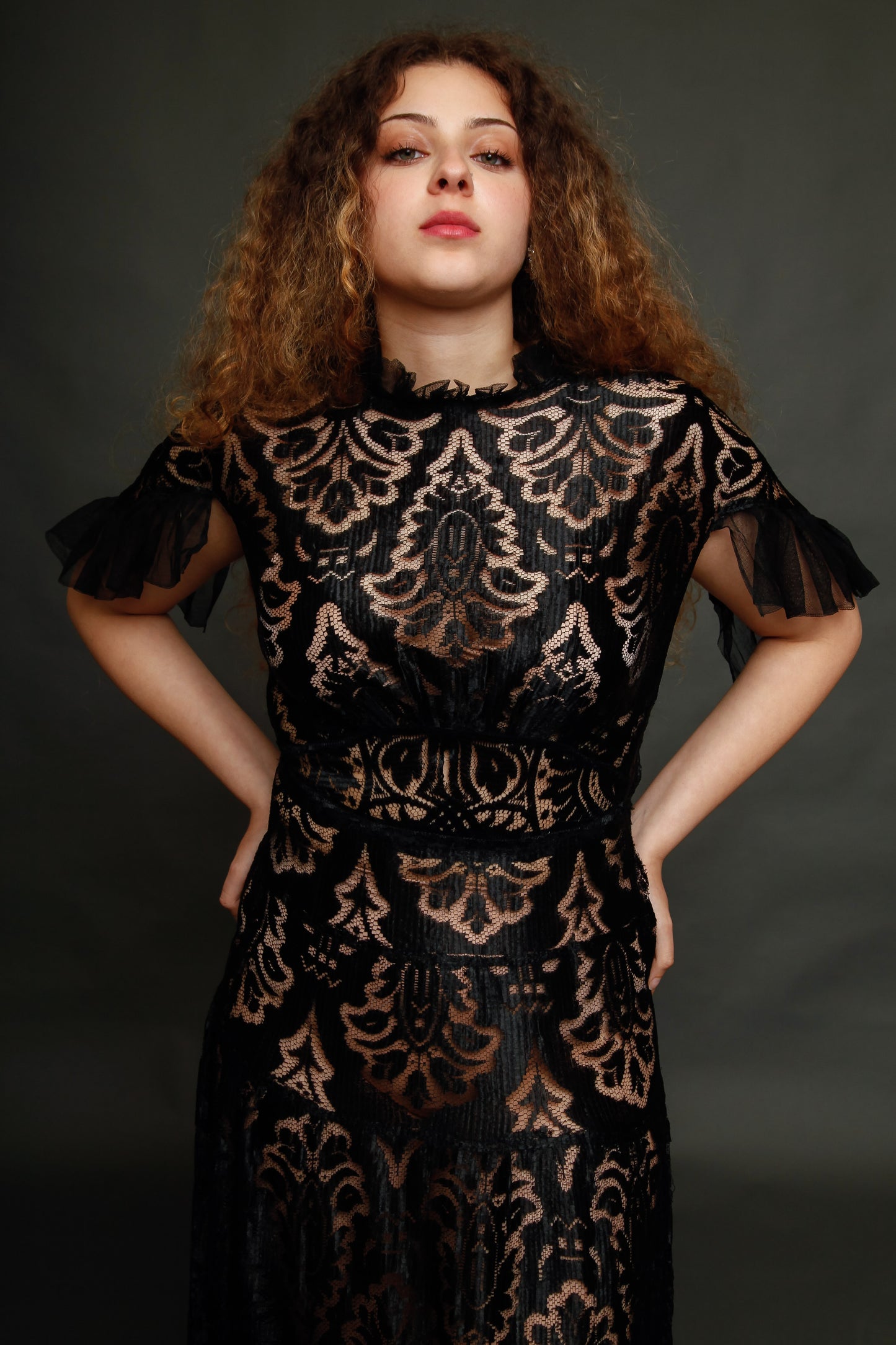 1930 Black Silk  Lace Dress