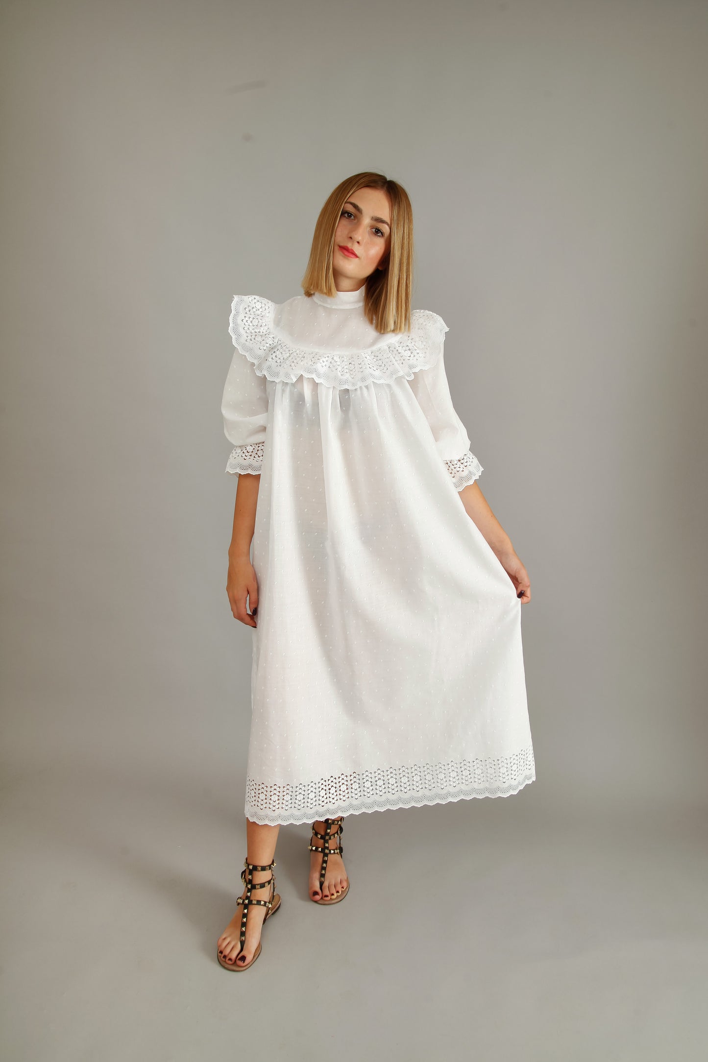 70s White Cotton Prairie Dress