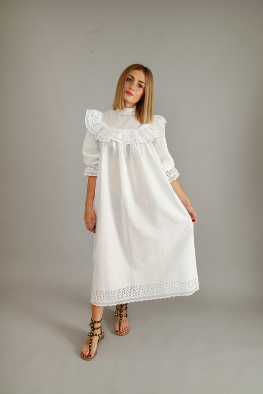 70s White Cotton Prairie Dress
