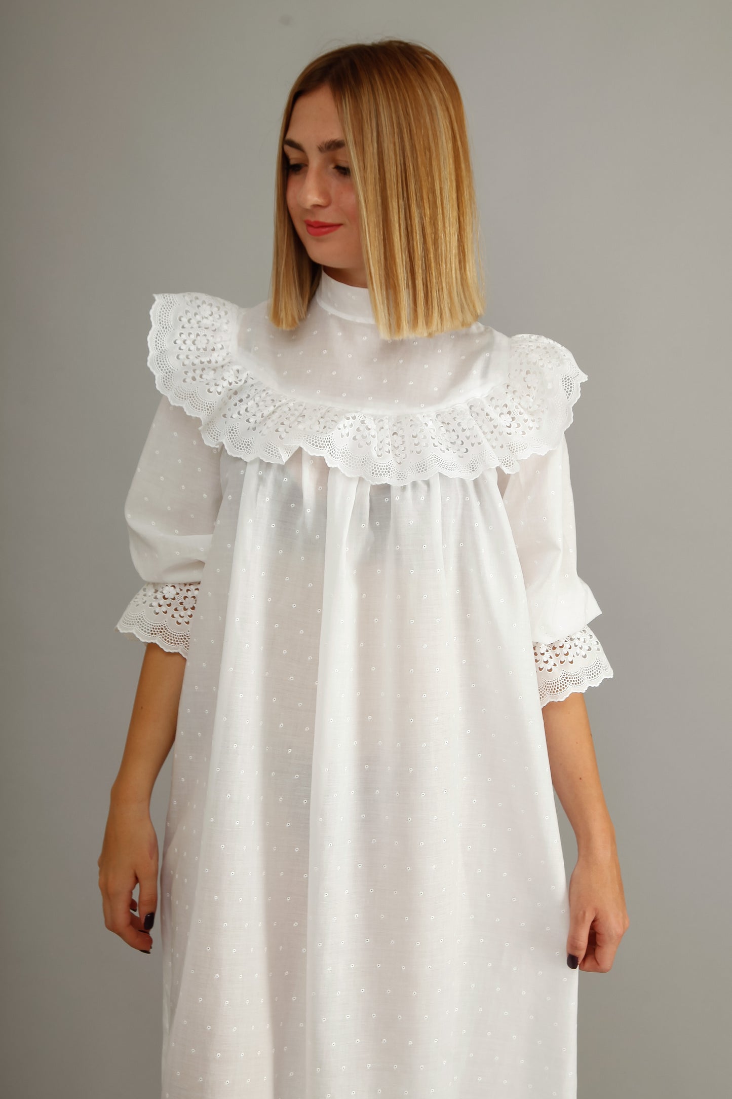 70s White Cotton Prairie Dress