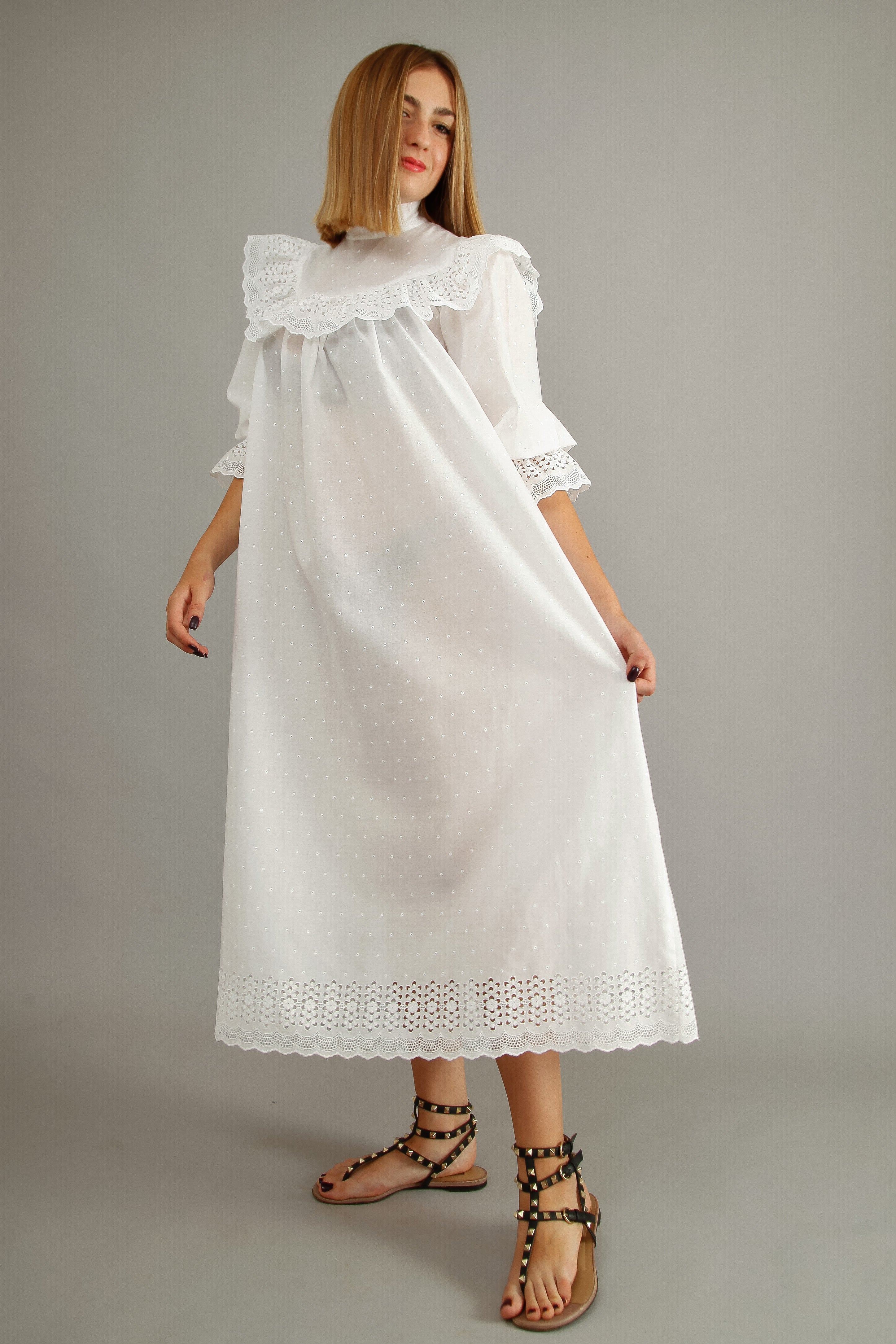70s White Cotton Prairie Dress