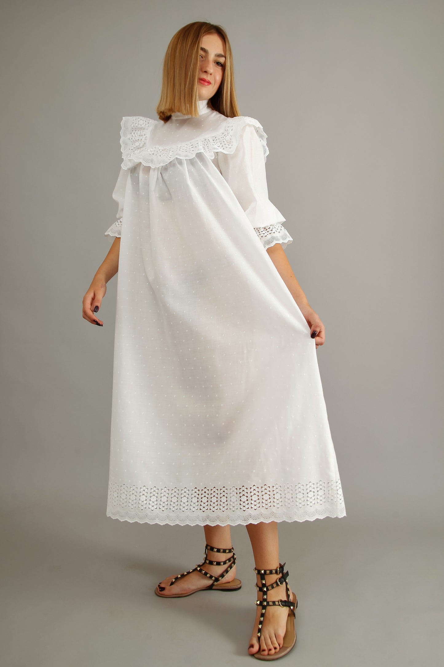 70s White Cotton Prairie Dress