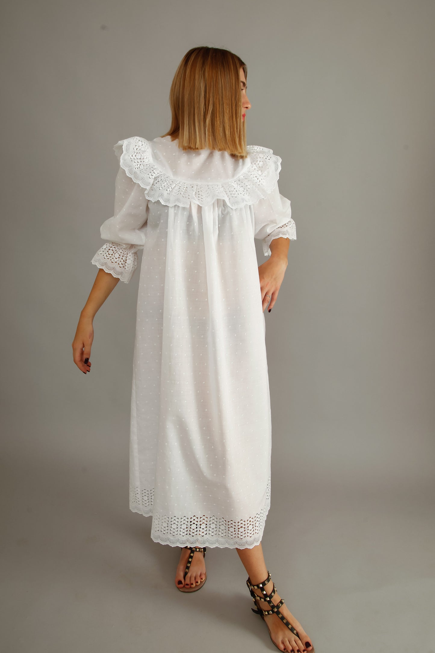 70s White Cotton Prairie Dress
