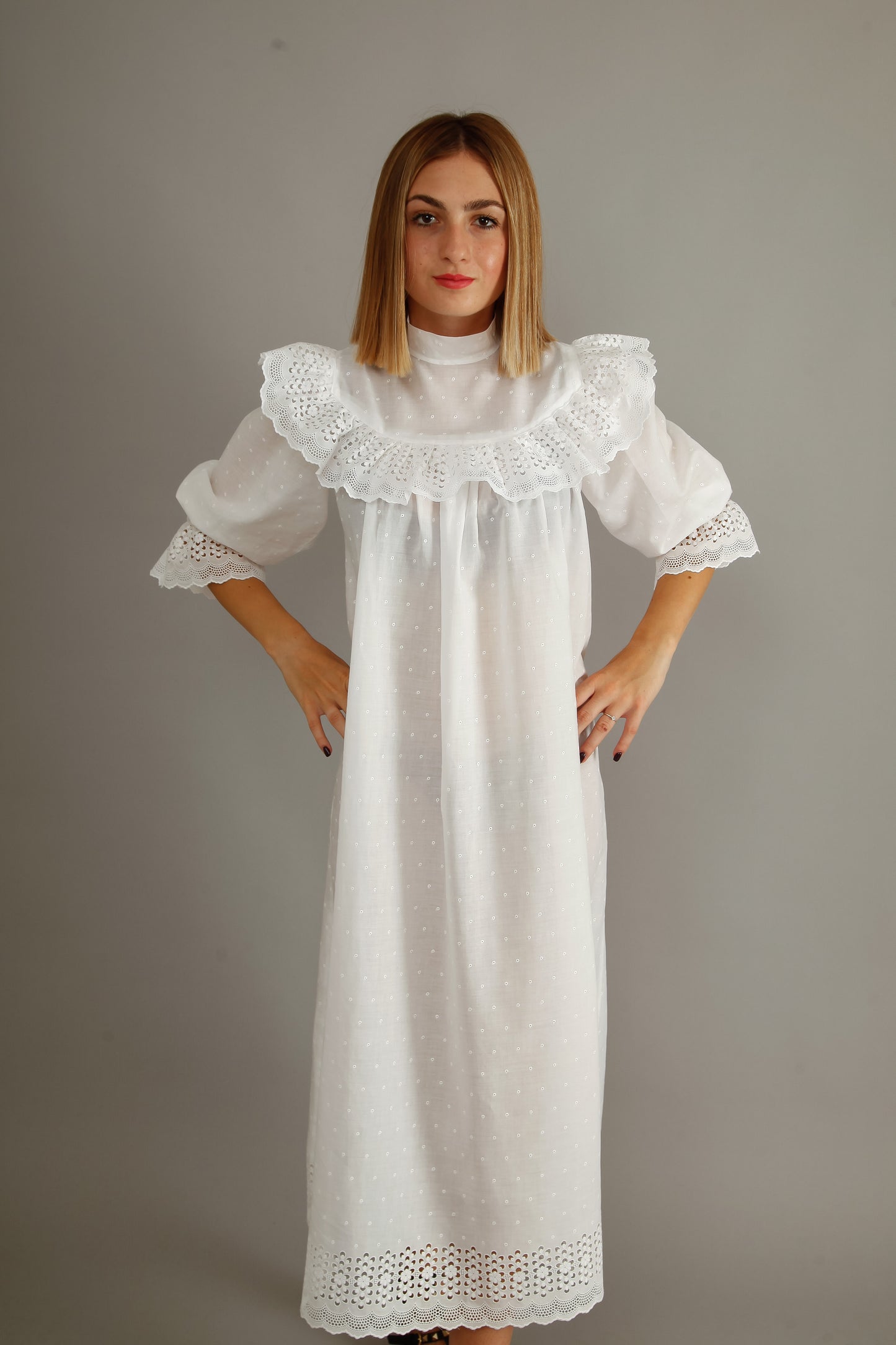 70s White Cotton Prairie Dress