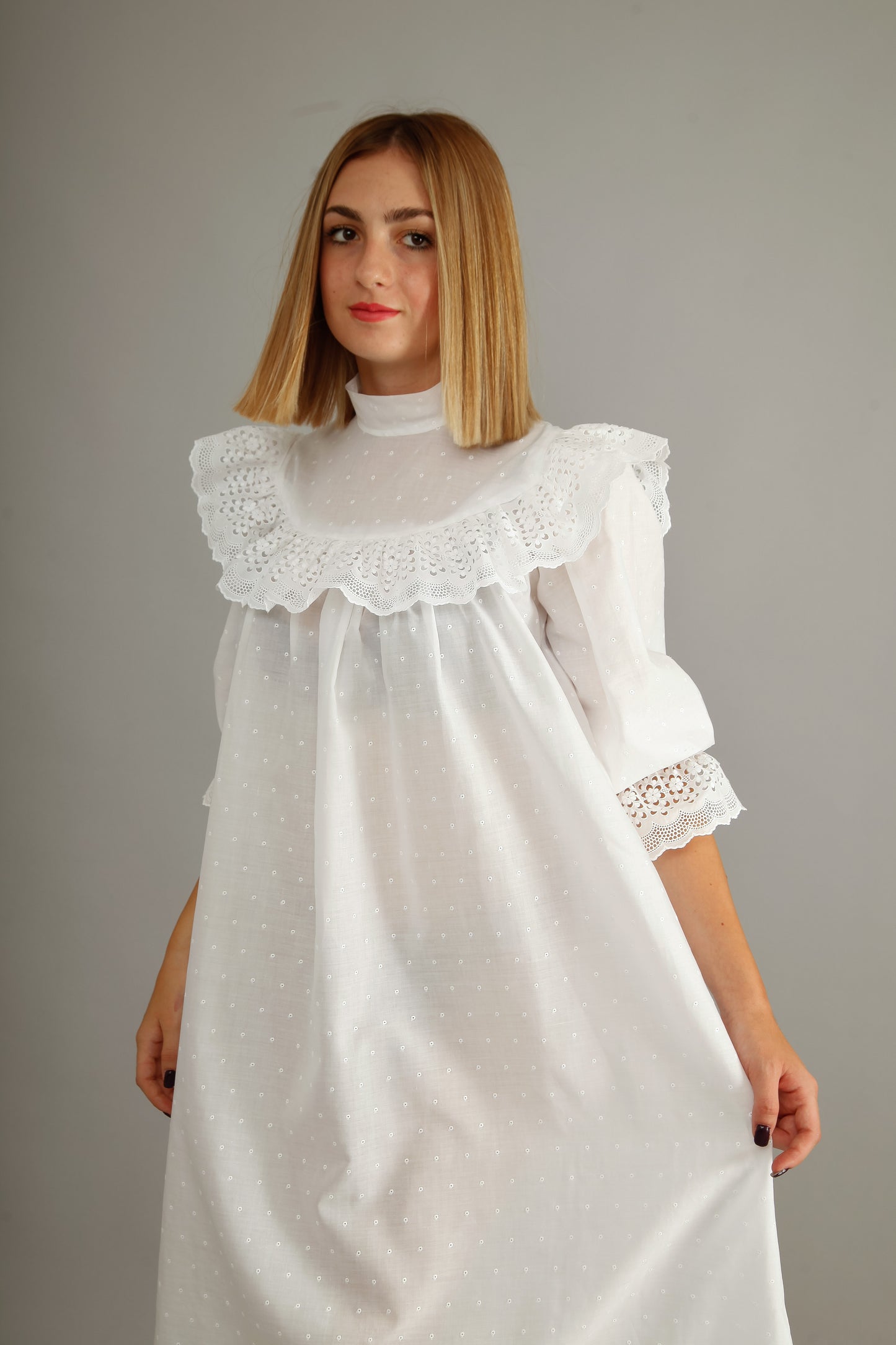 70s White Cotton Prairie Dress