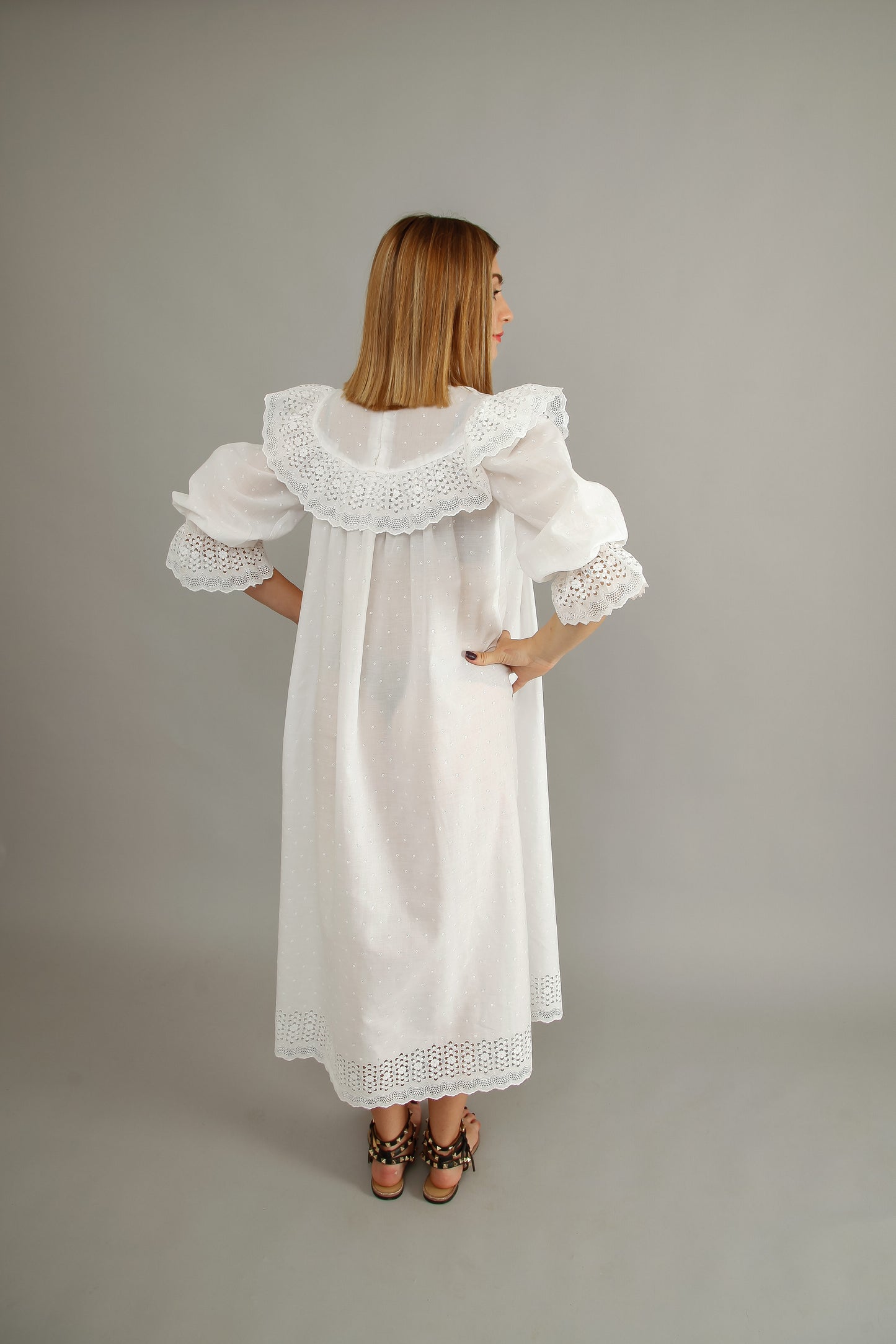 70s White Cotton Prairie Dress
