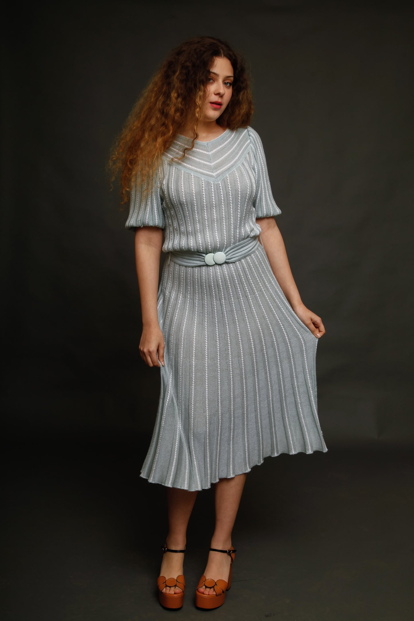 1970 Knit Pale Blue Striped Dress
