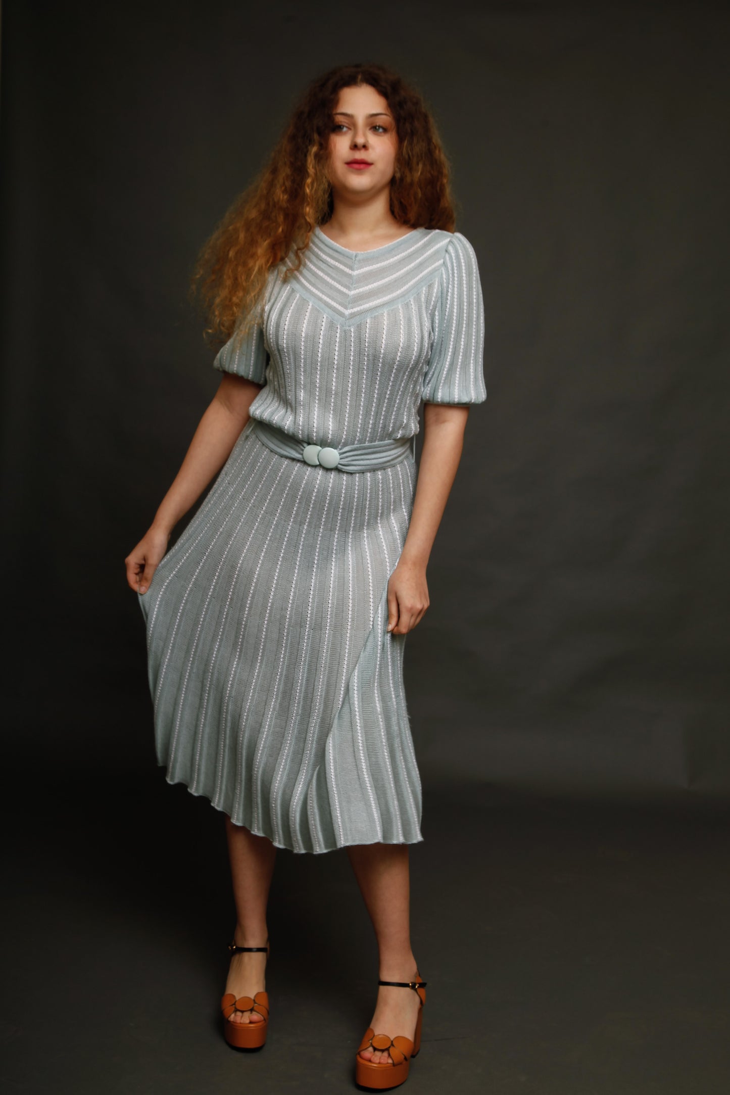 1970 Knit Pale Blue Striped Dress