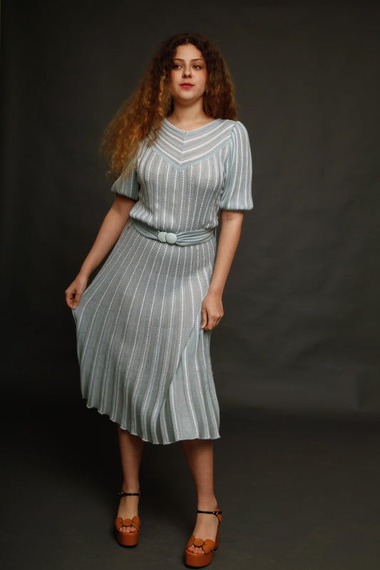 1970 Knit Pale Blue Striped Dress