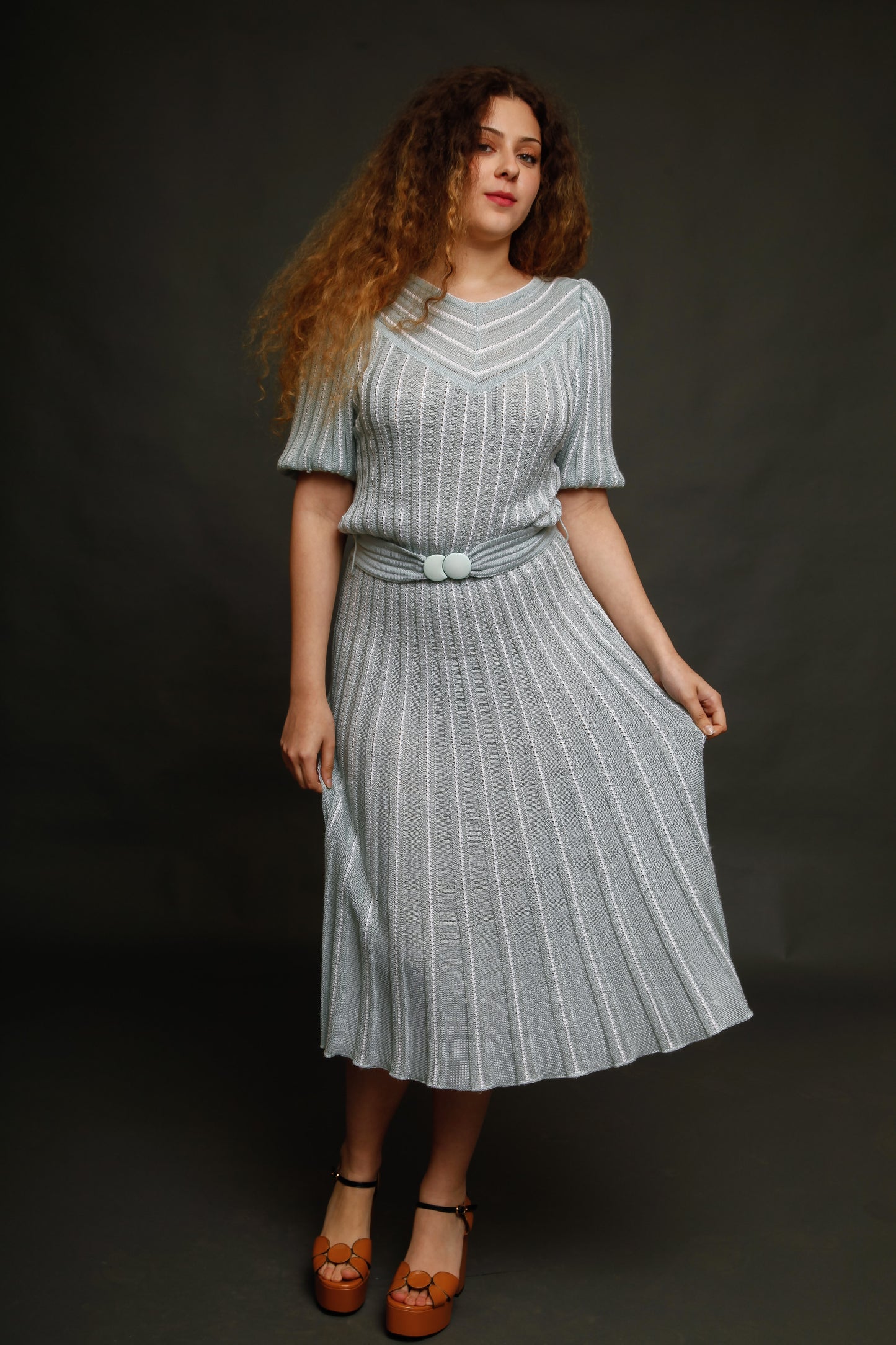 1970 Knit Pale Blue Striped Dress