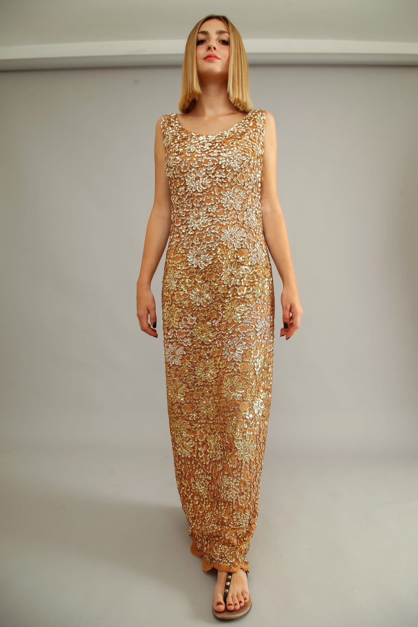 60s Lace and Sequins Ombre Evening Gown