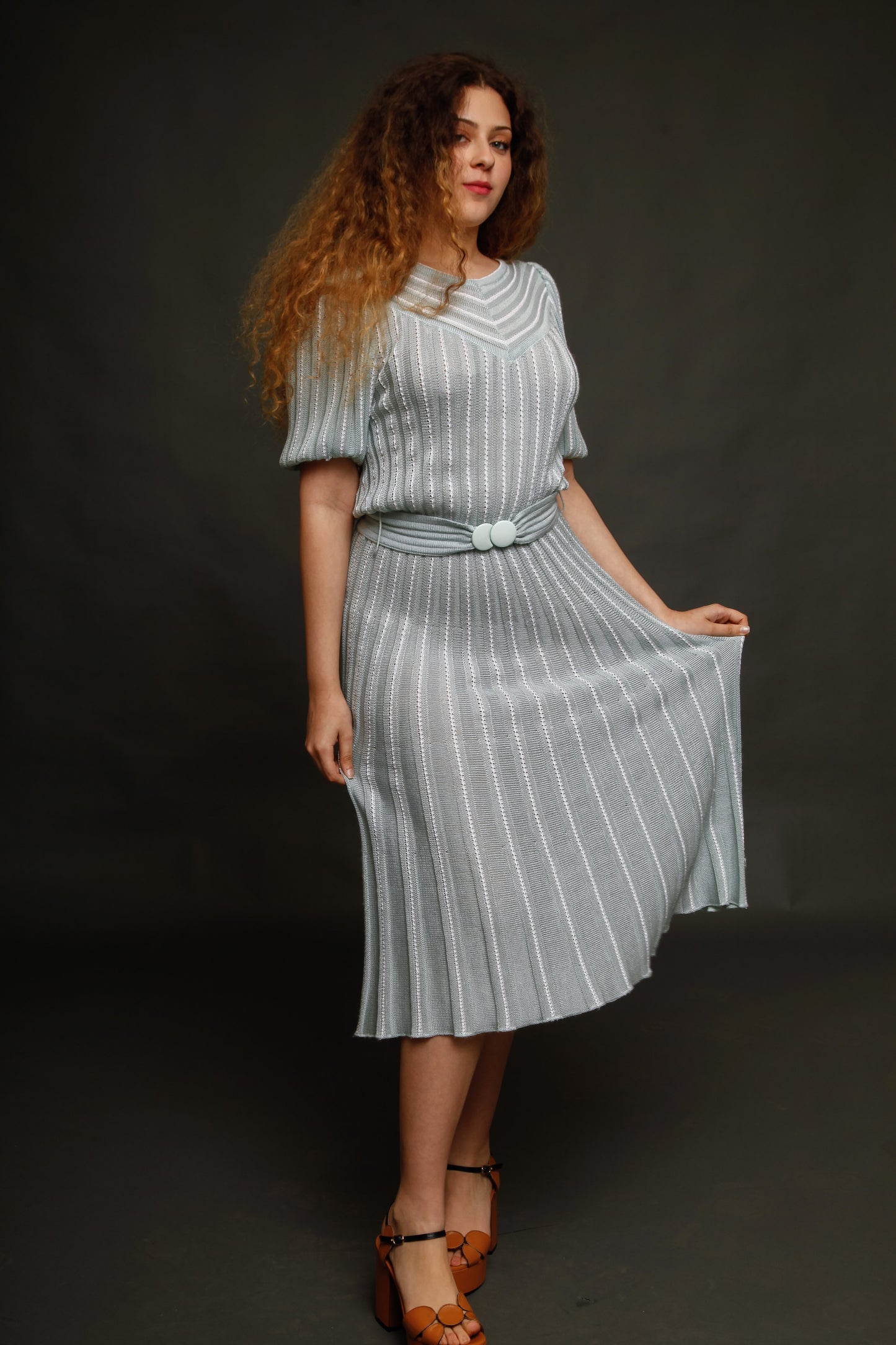 1970 Knit Pale Blue Striped Dress