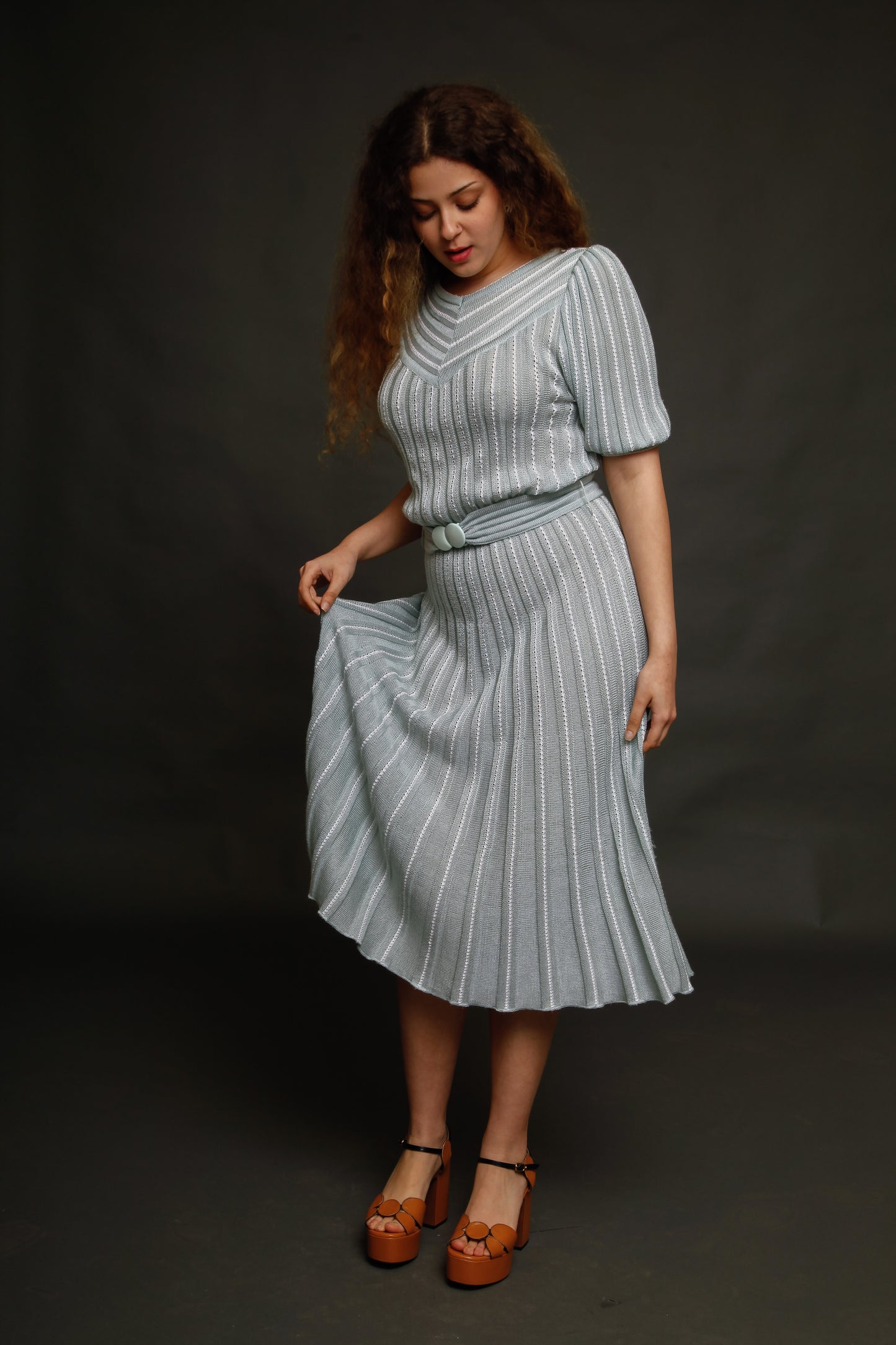 1970 Knit Pale Blue Striped Dress